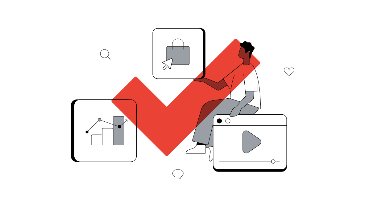 A man with his arm stretched out holding a white square with a shopping bag icon and cursor inside, sits on a life-size internet browser with a video playing full-screen. To the left, a square with an incremental bar graph. A red tick overlays the whole i