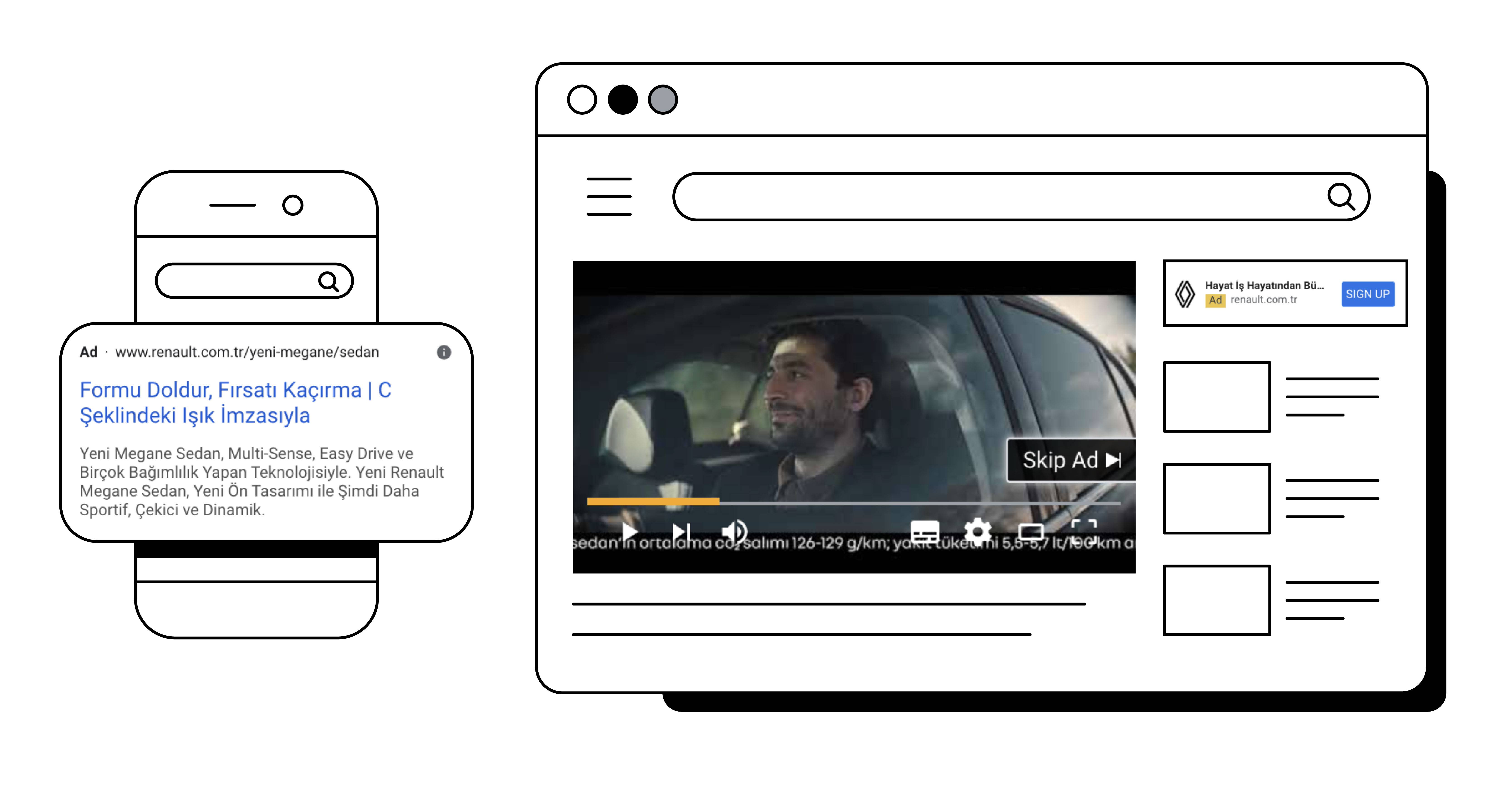 A Renault Turkey text Search advert and a Renault YouTube advert showing a man driving a car