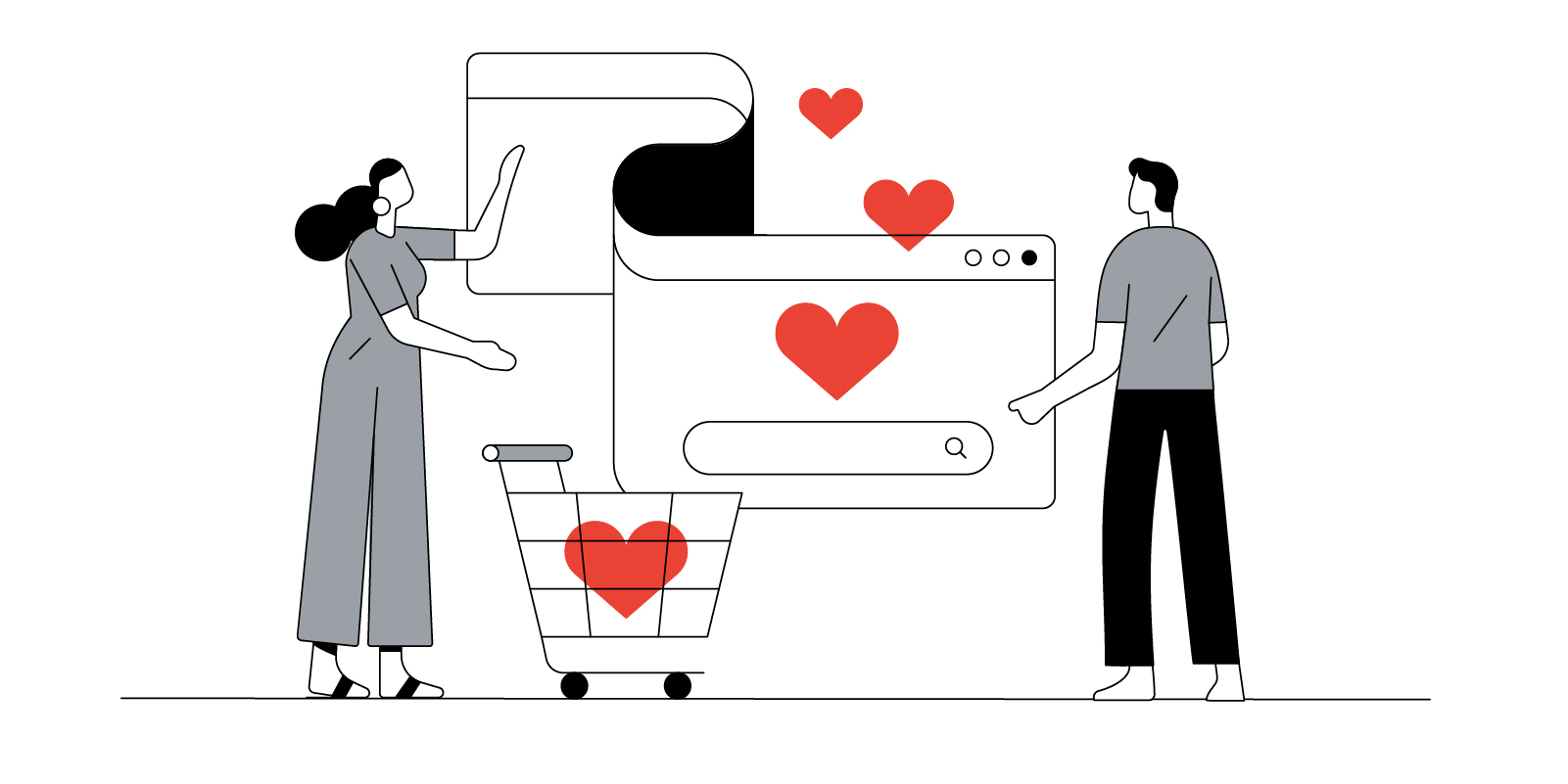 Una mujer y un hombre con un carrito de compra y un ordenador con barra de búsqueda de donde salen corazones rojos
