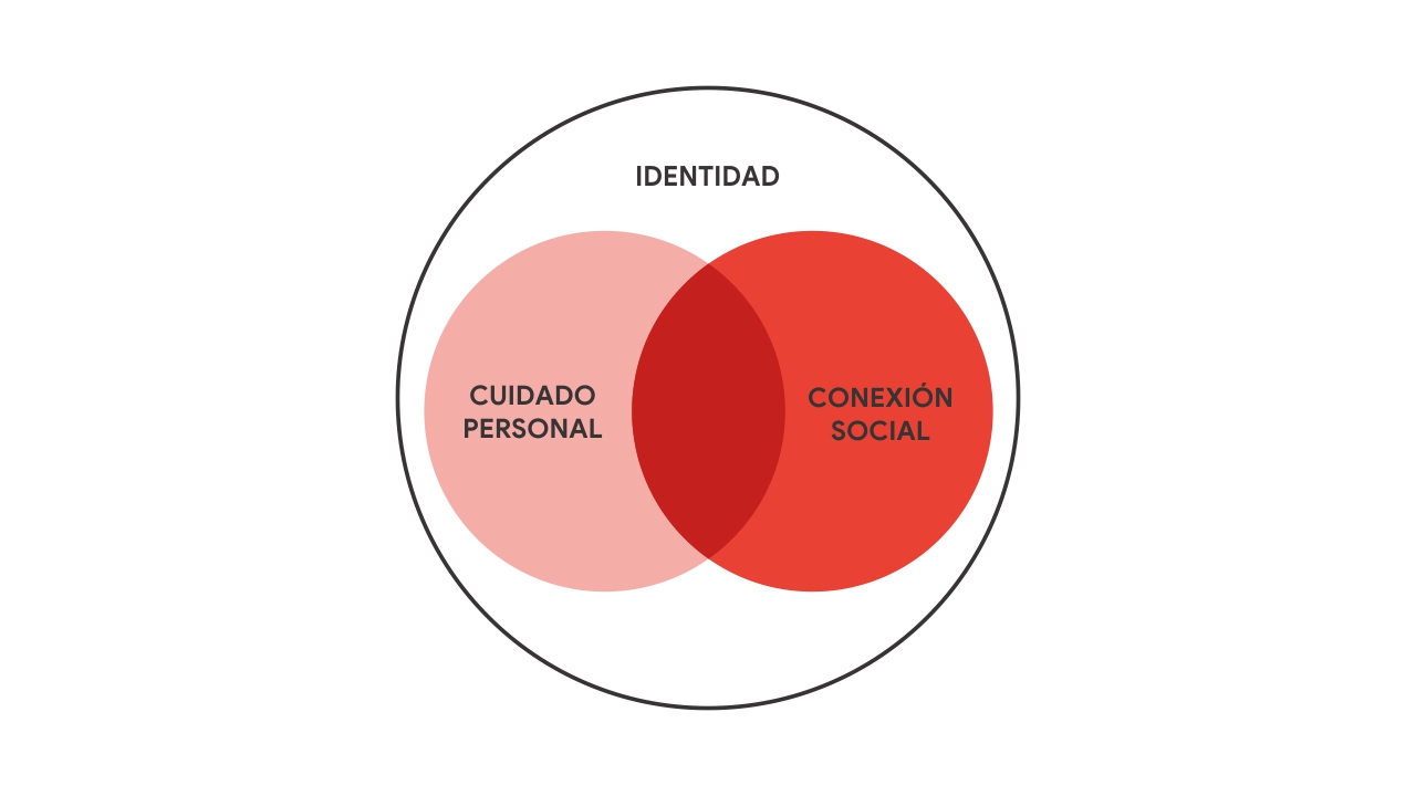 Un gran círculo encierra la palabra identidad y rodea otros dos círculos en tonos rojos que se intersectan. Uno corresponde al término cuidado personal; otro, a conexión social.