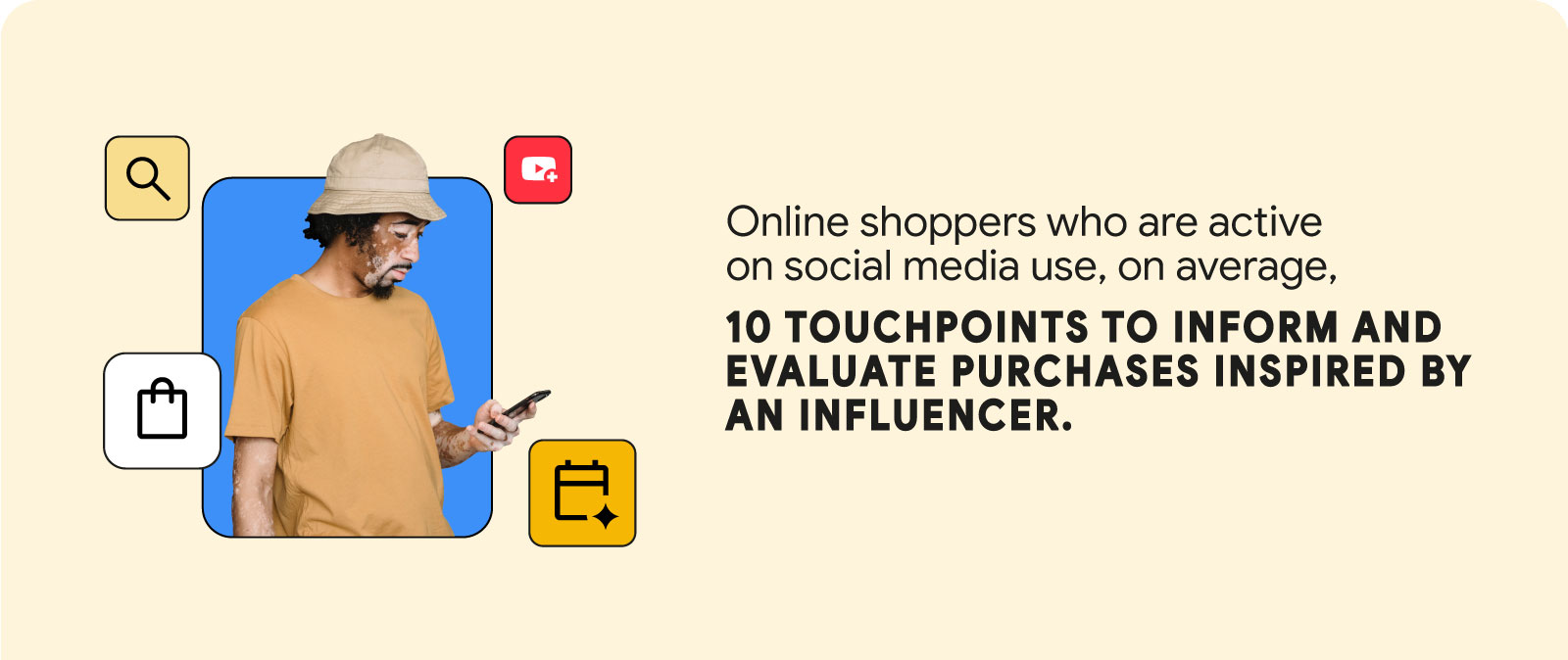 A man with vitiligo, a goatee, and dark curly hair under a bucket hat shops on his phone next to text that reads: Online shoppers who are active on social media use, on average, 10 touchpoints to inform and evaluate purchases inspired by an influencer.