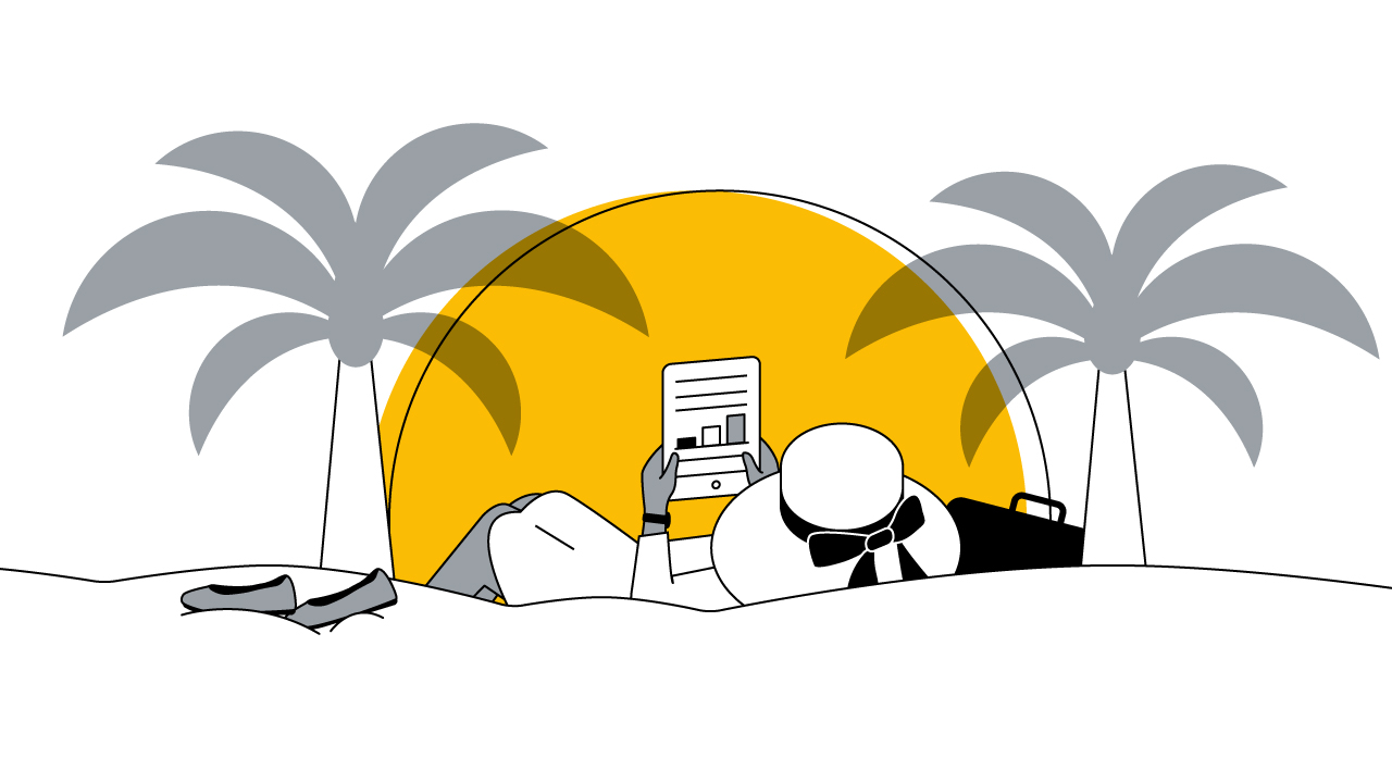 Un'illustrazione mostra una donna sdraiata su una spiaggia tropicale con il sole che sorge sullo sfondo e le palme che incorniciano l'immagine. La donna sta leggendo un articolo con un grafico di dati sul suo tablet. Alla sua sinistra una valigetta.