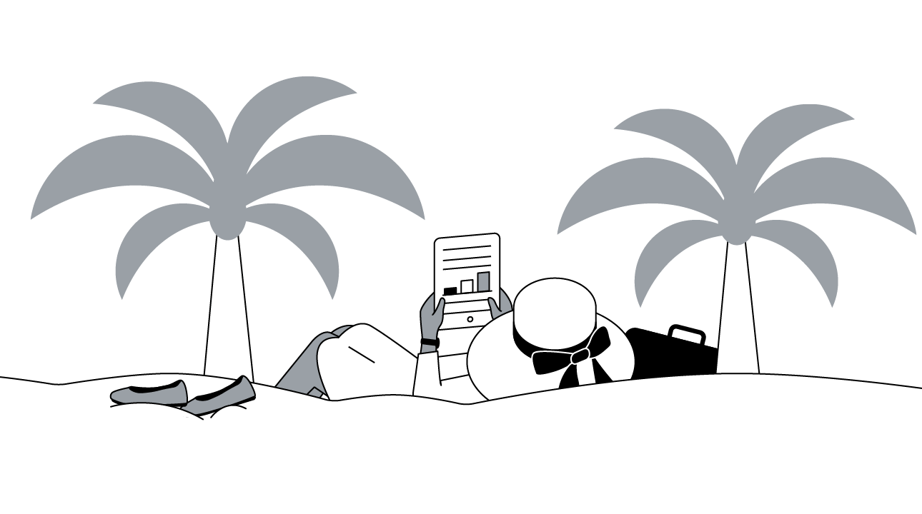 Ilustración de una mujer tumbada en una playa tropical con el sol de fondo y palmeras enmarcando la imagen. Está leyendo un artículo que incluye un gráfico de datos en su tablet y tiene un maletín en la arena a su derecha.