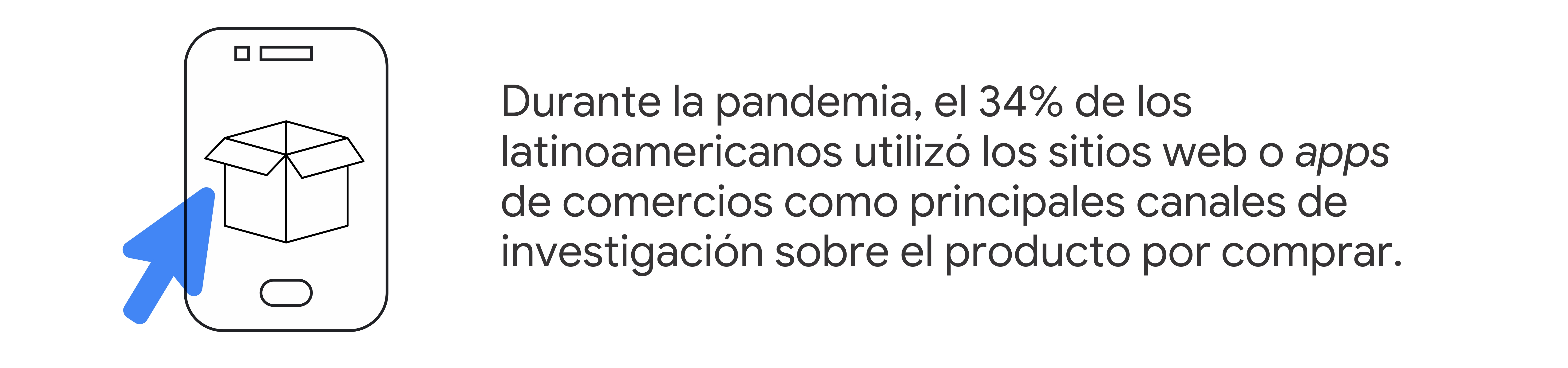 La pantalla de un teléfono móvil donde se ve una caja y una flecha azul. Al lado dice: Durante la pandemia, el 34% de los latinoamericanos utilizó los sitios web o apps de comercios como principales canales de investigación sobre el producto por comprar.