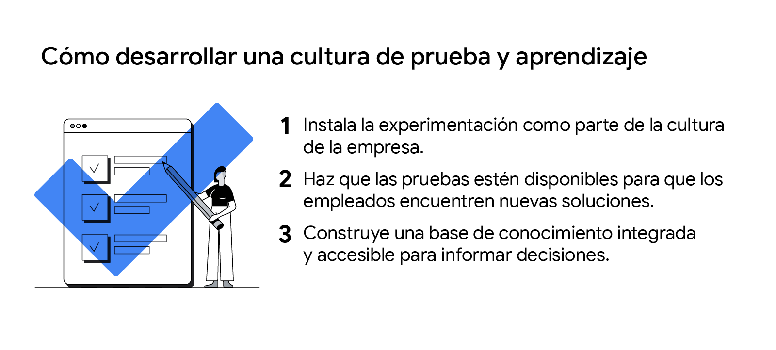 Persona señalando con un lápiz un dispositivo digital. 3 claves para desarrollar cultura de prueba y aprendizaje: 1.Instala la experimentación. 2. Haz que las pruebas estén disponibles para empleados. 3. Construye una base de conocimiento accesible.