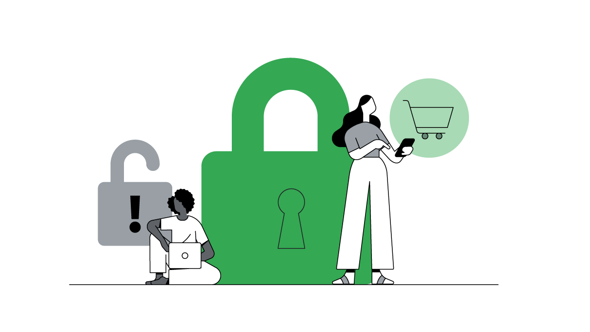 Duas compradoras navegam com segurança em sites que oferecem proteção da privacidade. Logo atrás delas, há um cadeado verde grande e fechado. Um cadeado menor, cinza e aberto, aparece em segundo plano.