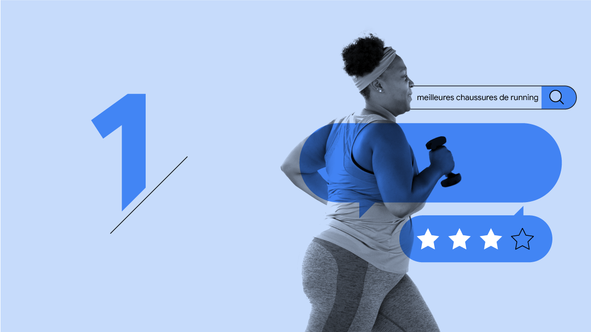 Une personne aux cheveux bouclés courts vêtue d'une tenue de sport et portant un bandeau sur la tête court en tenant des haltères. Le terme de recherche "best running shoe" (meilleure chaussure de sport) apparaît dans une barre de recherche en haut, et tr