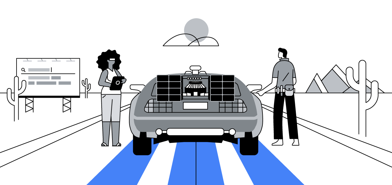 A woman with dark curly hair and a man with short hair are in the desert. They stand next to the car from “Back to the Future,” which looks to be powered by AI.