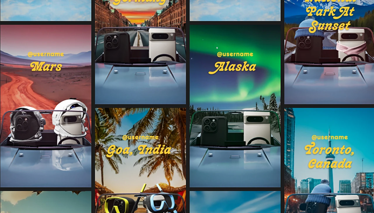 A montage of “Best Friends Forever: AI Roadtrip” Instagram ads, generated from user suggestions. The phone friends ride in their convertible to far flung locales like Mars; Goa, India; Alaska; a park at sunset; and Toronto, Canada.