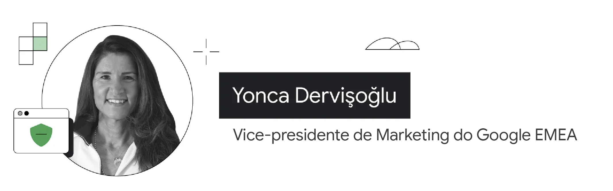 Em destaque, o retrato de Yonca Dervi?o?lu, vice-presidente de Marketing do Google EMEA. Ela sorri e tem os cabelos na altura dos ombros, usa colares e uma camisa branca.