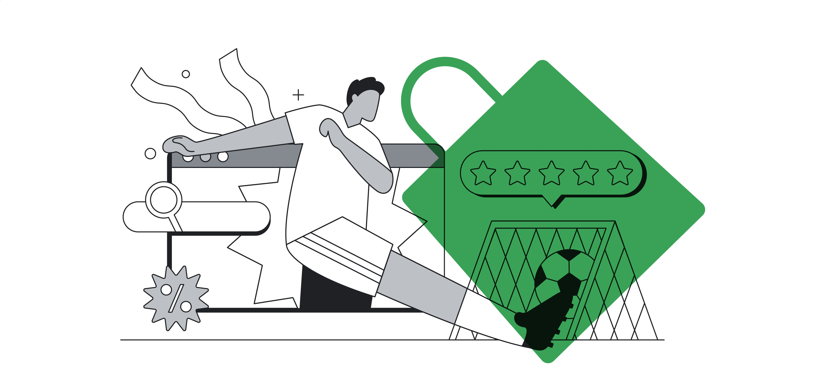 Um jogador de futebol está fazendo um gol em uma trave, destacada por uma sacola de compras e uma caixa de diálogo com cinco estrelas. Por trás dele, há uma aba aberta, um campo de busca e um símbolo de porcentagem.