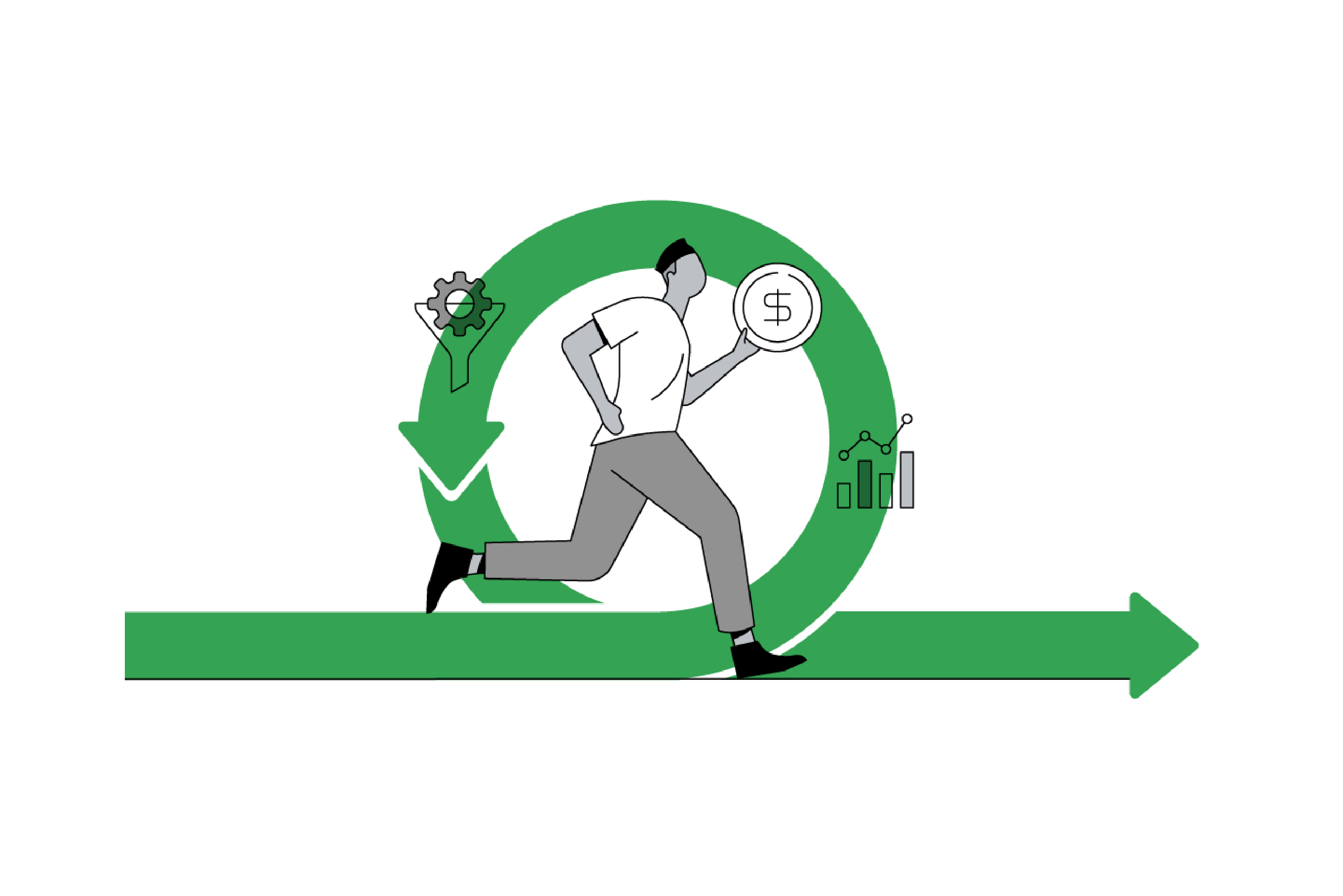Um homem está correndo com uma moeda com um cifrão. Por trás dele, uma seta faz um movimento circular até apontar na direção para a qual ele está correndo. Há ícones de configuração e gráficos em barra.