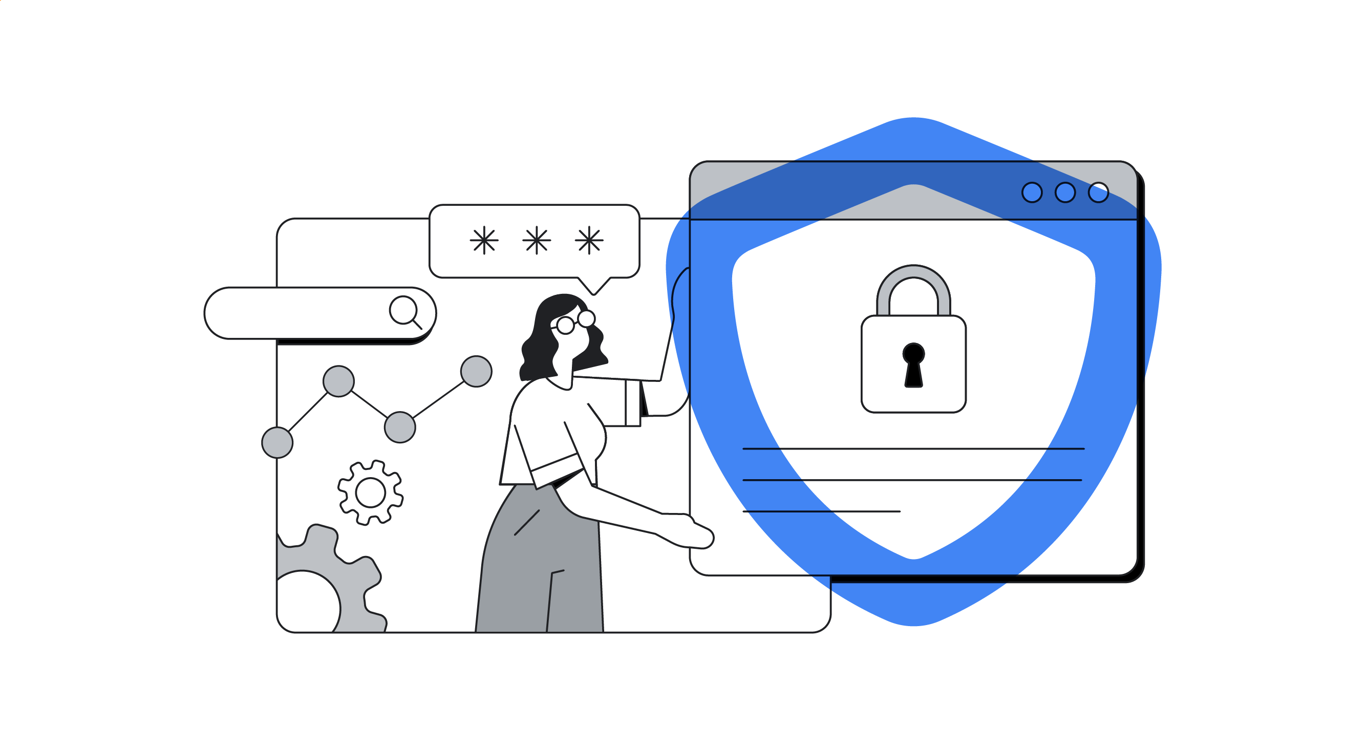 Uma mulher segura um painel, cujo objeto central é um cadeado, representando a privacidade. À sua esquerda aparecem engrenagens e, acima de sua cabeça, uma caixa de diálogo é mostrada contendo três asteriscos.