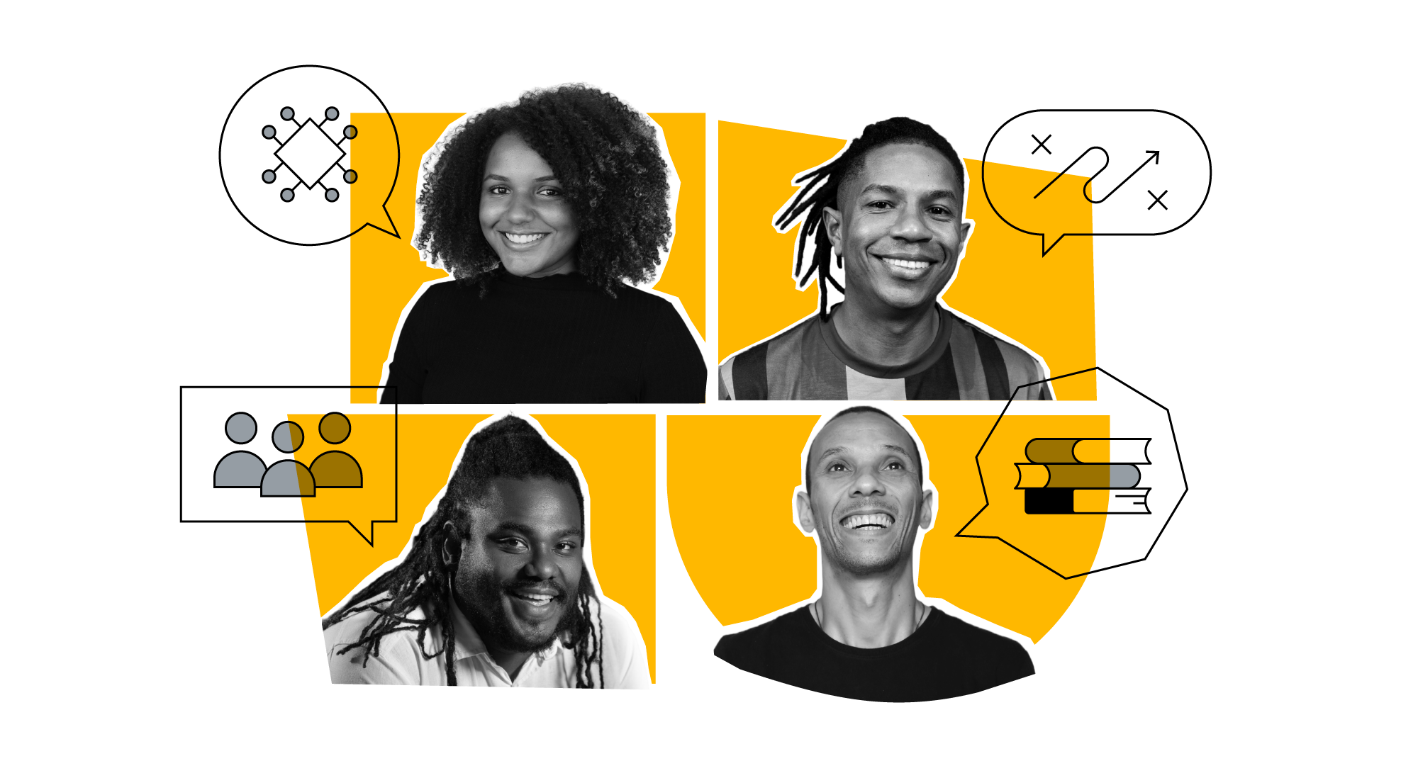 Em sentido horário, retratos de Bia Santos, CEO da Barkus, Igor Rocha, CEO da AfroSaúde, Genau Jr, CEO da Yoobe e Carlos Humberto Filho, CEO da Diaspora.Black.