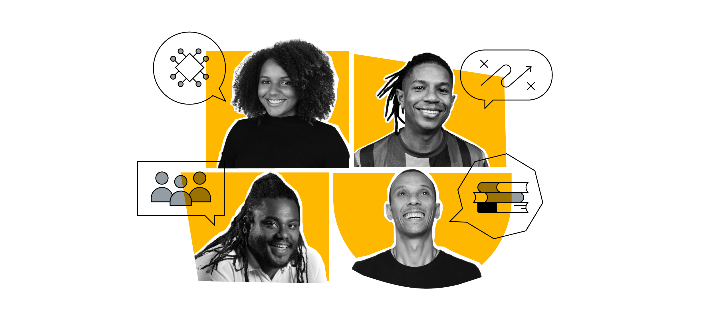 Em sentido horário, retratos de Bia Santos, CEO da Barkus, Igor Rocha, CEO da AfroSaúde, Genau Jr, CEO da Yoobe e Carlos Humberto Filho, CEO da Diaspora.Black.