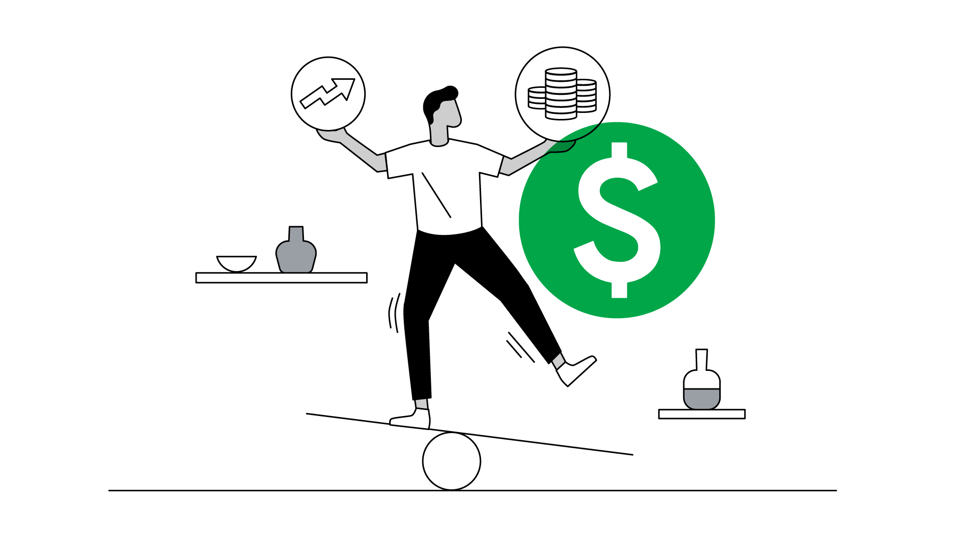 Um homem está se equilibrando em uma gangorra com uma perna só. Em uma mão um círculo com uma seta apontando para cima. Na outra, um círculo com moedas. Ao seu lado, em destaque, há um cifrão em um círculo verde.