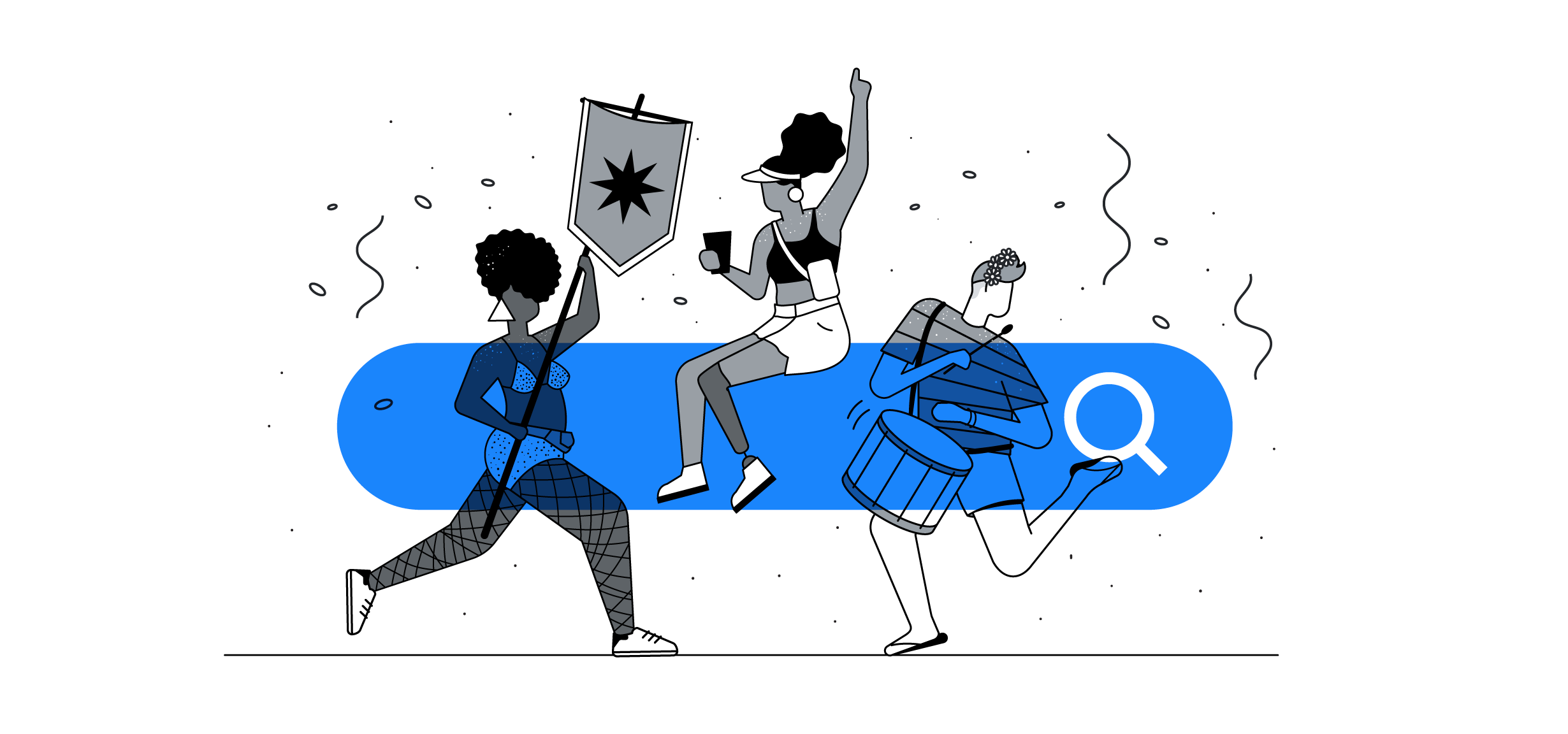 Uma mulher negra de biquíni e meia-calça arrastão segura um estandarte. Uma mulher negra de shorts, top, viseira e pochete segura um copo e vibra. Um homem branco com tiara dança e toca tambor. Há serpentina ao redor e um campo de busca sobrepondo-os