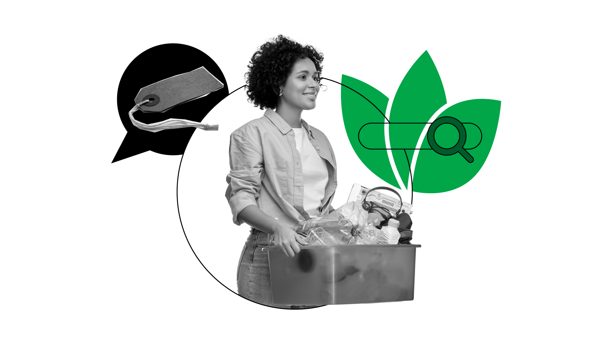 Uma pessoa negra de cabelos curtos e cacheados carrega uma caixa com produtos recicláveis. Ela está cercada por um balão de diálogo com uma etiqueta e um ícone de busca com uma planta.