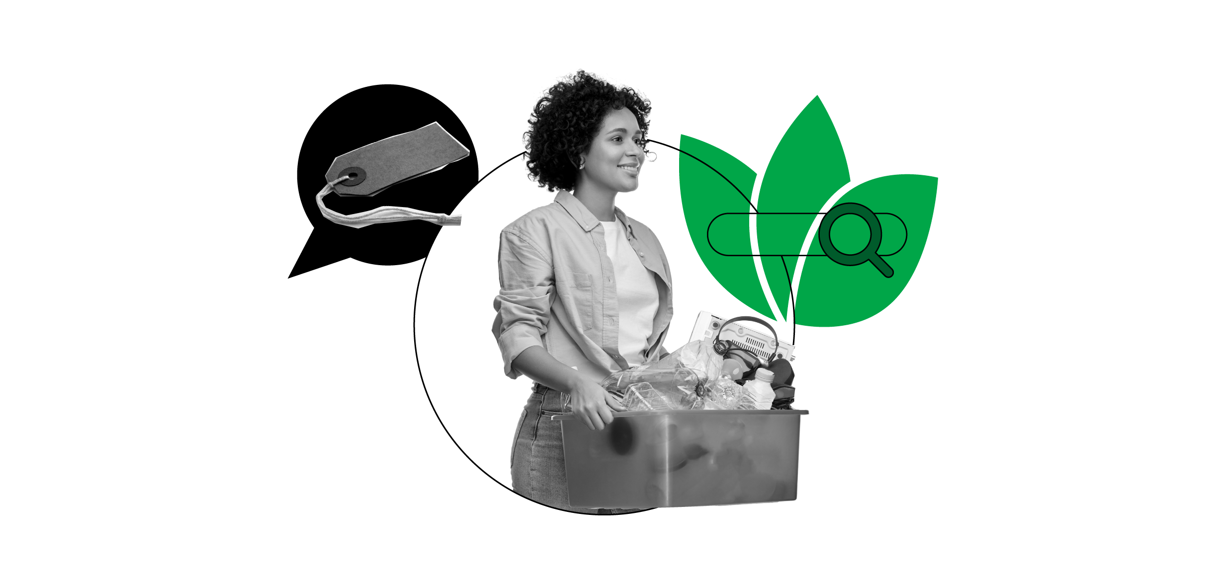 Uma pessoa negra de cabelos curtos e cacheados carrega uma caixa com produtos recicláveis. Ela está cercada por um balão de diálogo com uma etiqueta e um ícone de busca com uma planta.