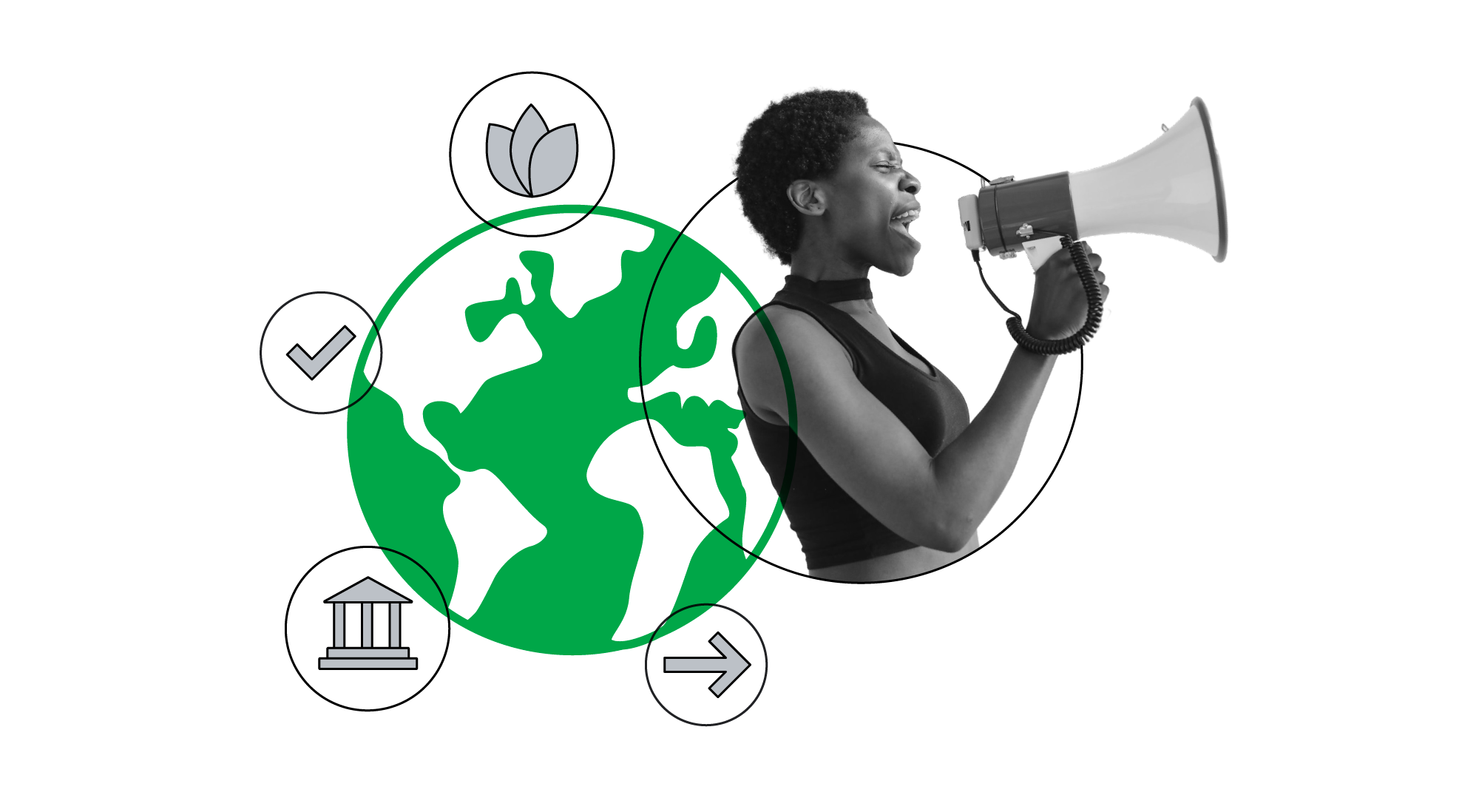À direita, uma mulher negra está falando com um megafone na mão. À esquerda, há uma imagem do globo, e ao seu redor ícones que representam governança e meio ambiente, além de um símbolo de tarefa concluída e uma seta apontando para a direita.