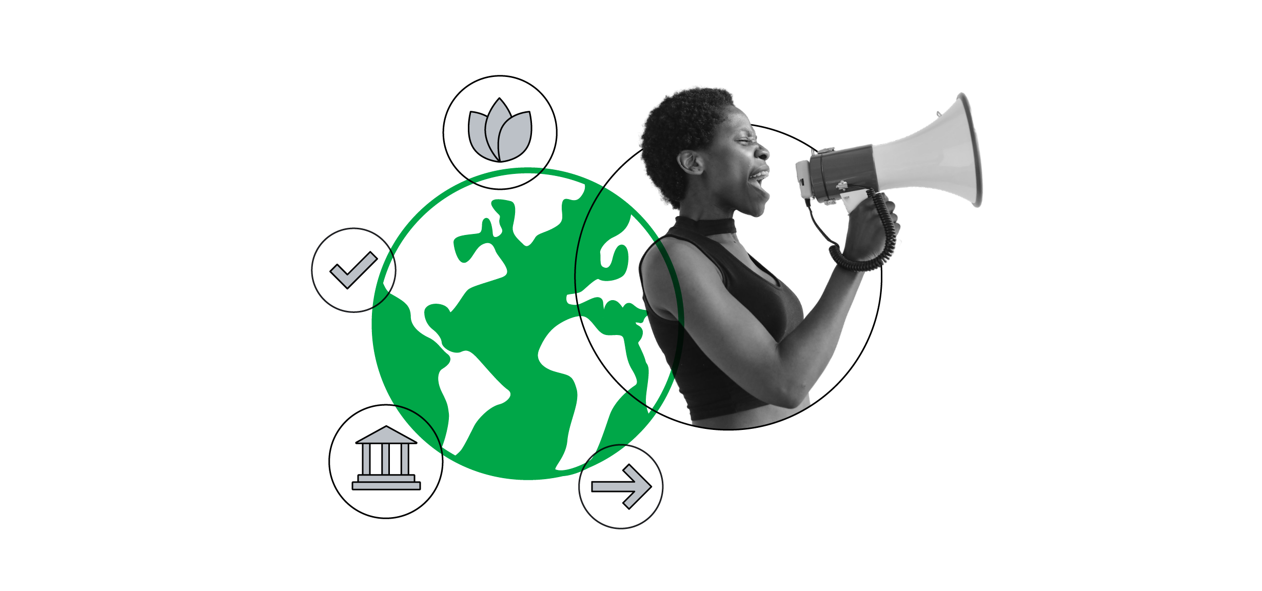 À direita, uma mulher negra está falando com um megafone na mão. À esquerda, há uma imagem do globo, e ao seu redor ícones que representam governança e meio ambiente, além de um símbolo de tarefa concluída e uma seta apontando para a direita.