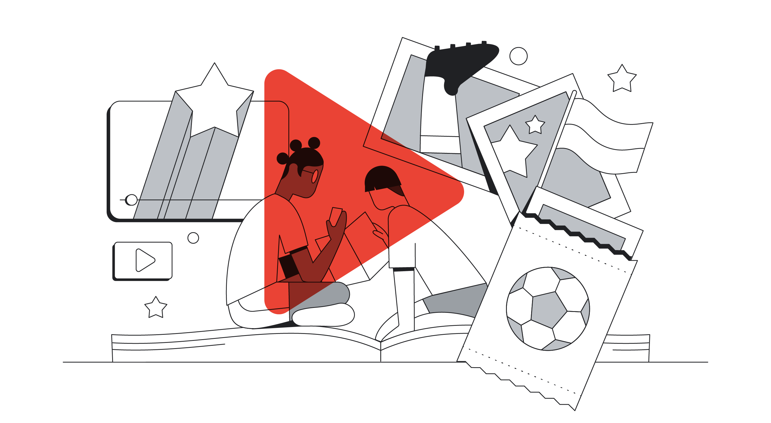 Dois garotos, um negro e um branco estão no centro da imagem, sentados em cima de um livro aberto, segurando um álbum. Por cima deles, um símbolo de player. Ao redor, figurinhas com bola de futebol, bandeira e chuteira.