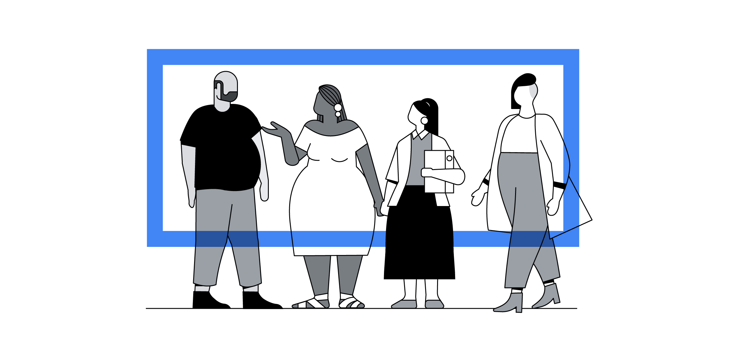 Ilustrações de quatro pessoas gordas. São um homem alto e careca na direita, duas mulheres de mãos dadas no centro, e mais uma mulher alta com cabelo raspado na lateral na esquerda.