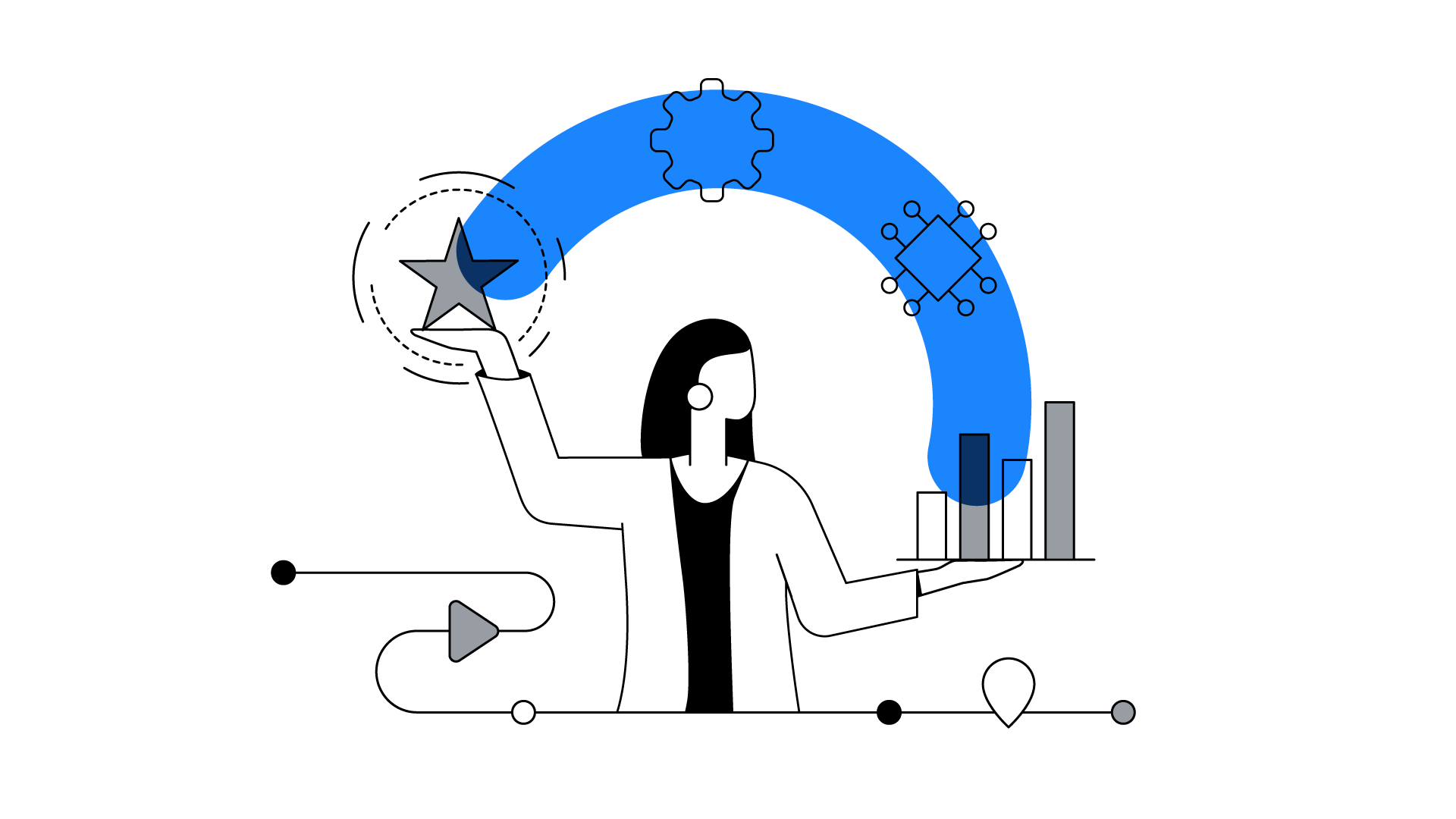 Uma mulher branca de cabelo liso e comprido equilibra em uma mão a marca de uma empresa e, em outra, resultados de conversão. Esses dois objetivos estão conectados por ícones que representam a automação e a conectividade.