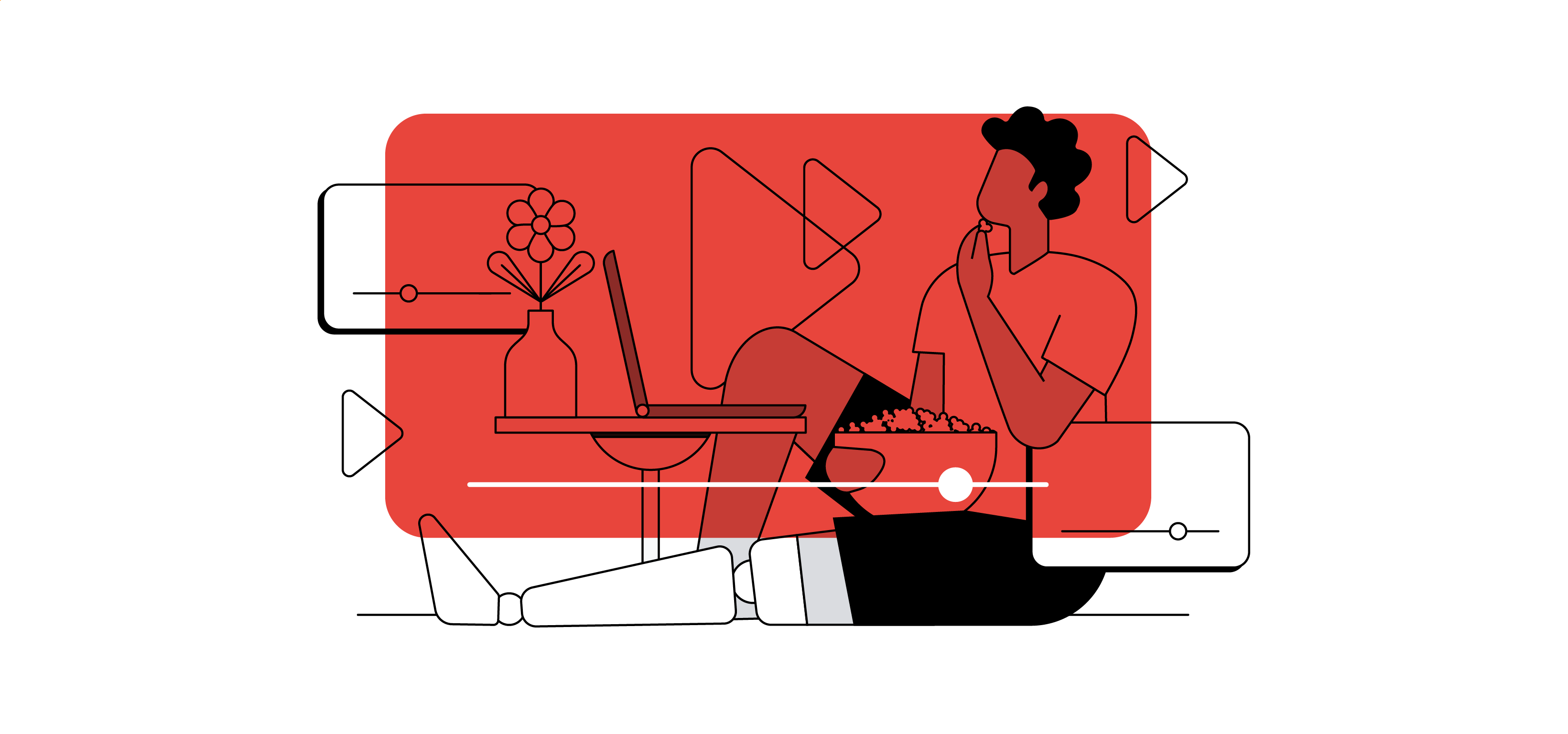 Um rapaz com uma prótese de perna está sentado assistindo a algo em um notebook, que está em cima de uma mesa em frente a um jarro de flores. Ele come pipoca. Ao redor, telas de vídeos e ícones de play.