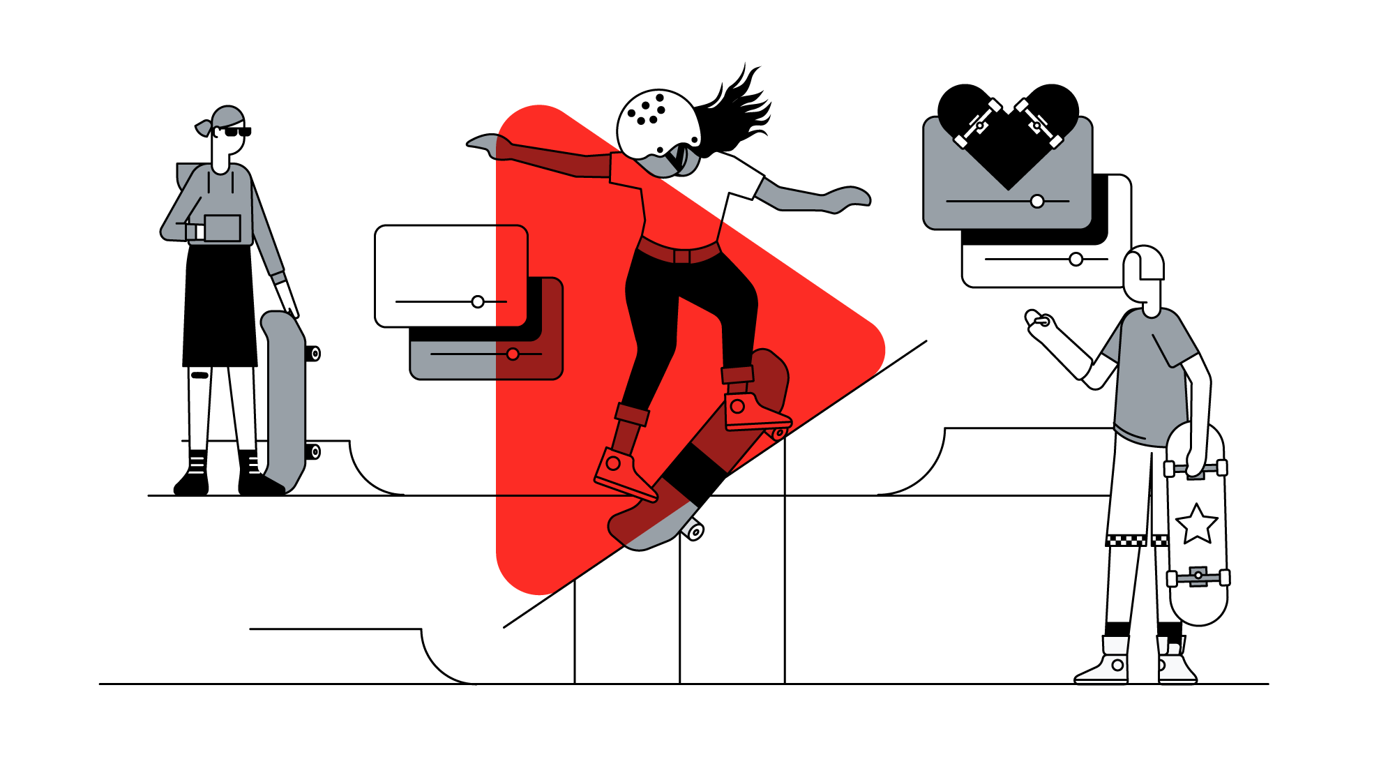 Uma menina está fazendo uma manobra de skate no centro da imagem, destacada por um ícone de play em vermelho. À esquerda uma outra jovem com o equipamento ao seu lado. E à direita um jovem com um skate na mão. No entorno, ícones de vídeos assistidos.