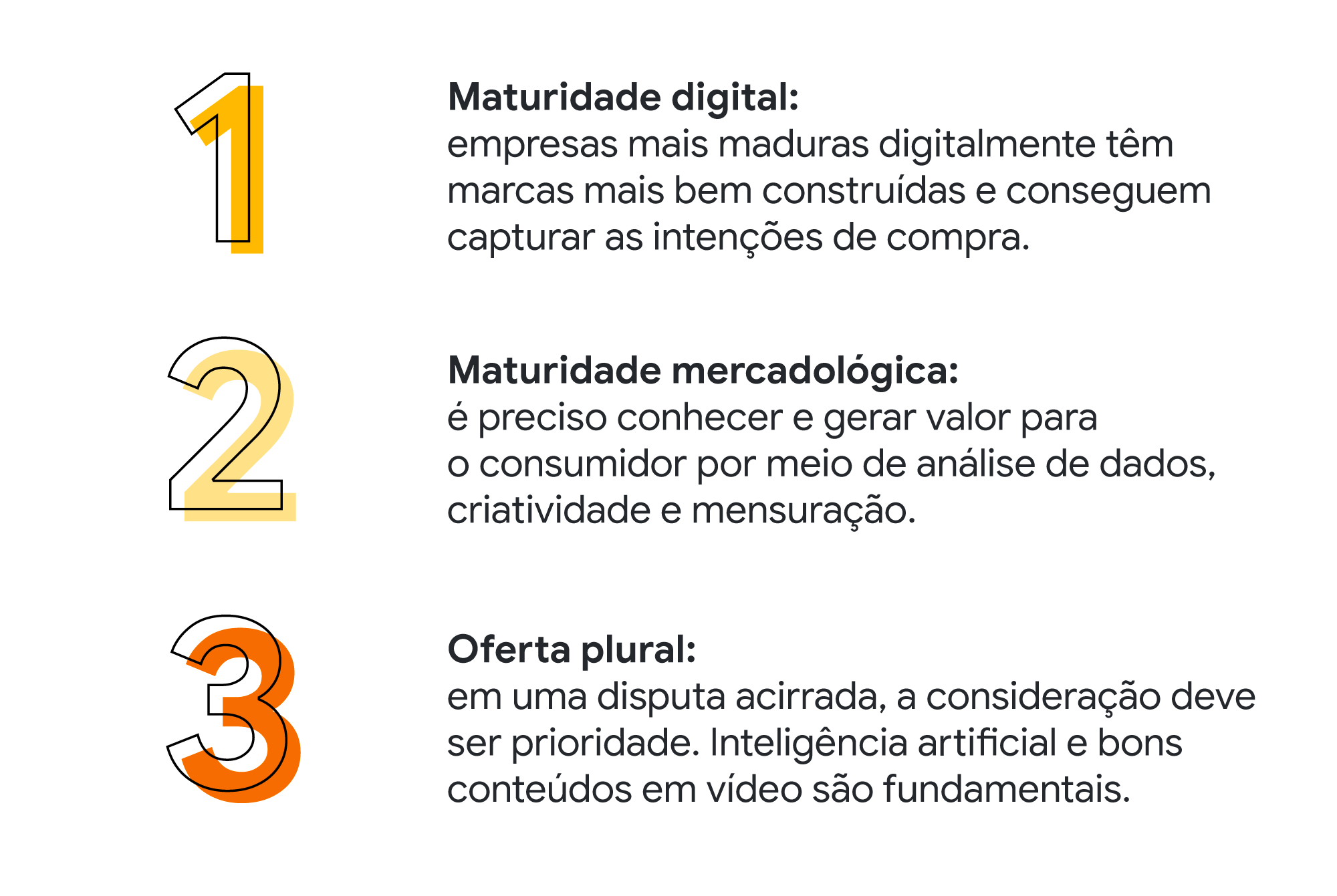 Maturidade digital: ajuda a capturar as intenções de compra. Maturidade mercadológica: gere valor para o consumidor com análise de dados, criatividade e mensuração. Oferta plural: Inteligência artificial e bons conteúdos em vídeo são fundamentais.