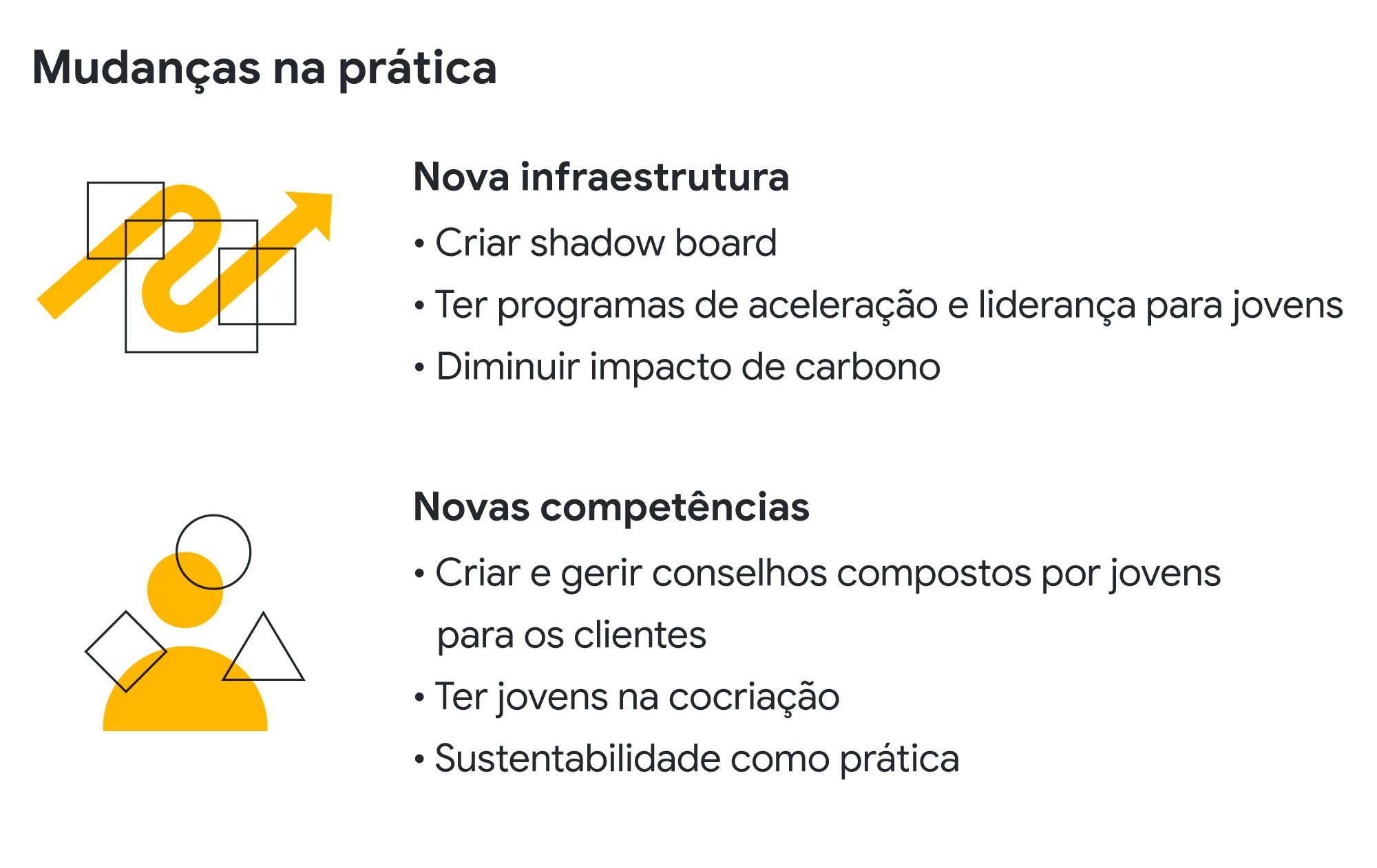 Nova infraestrutura: Criar shadow board Ter programas de aceleração para jovens Diminuir impacto de carbono. Novas competências: Criar e gerir conselhos compostos por jovens para os clientes Ter jovens na cocriação Sustentabilidade como prática