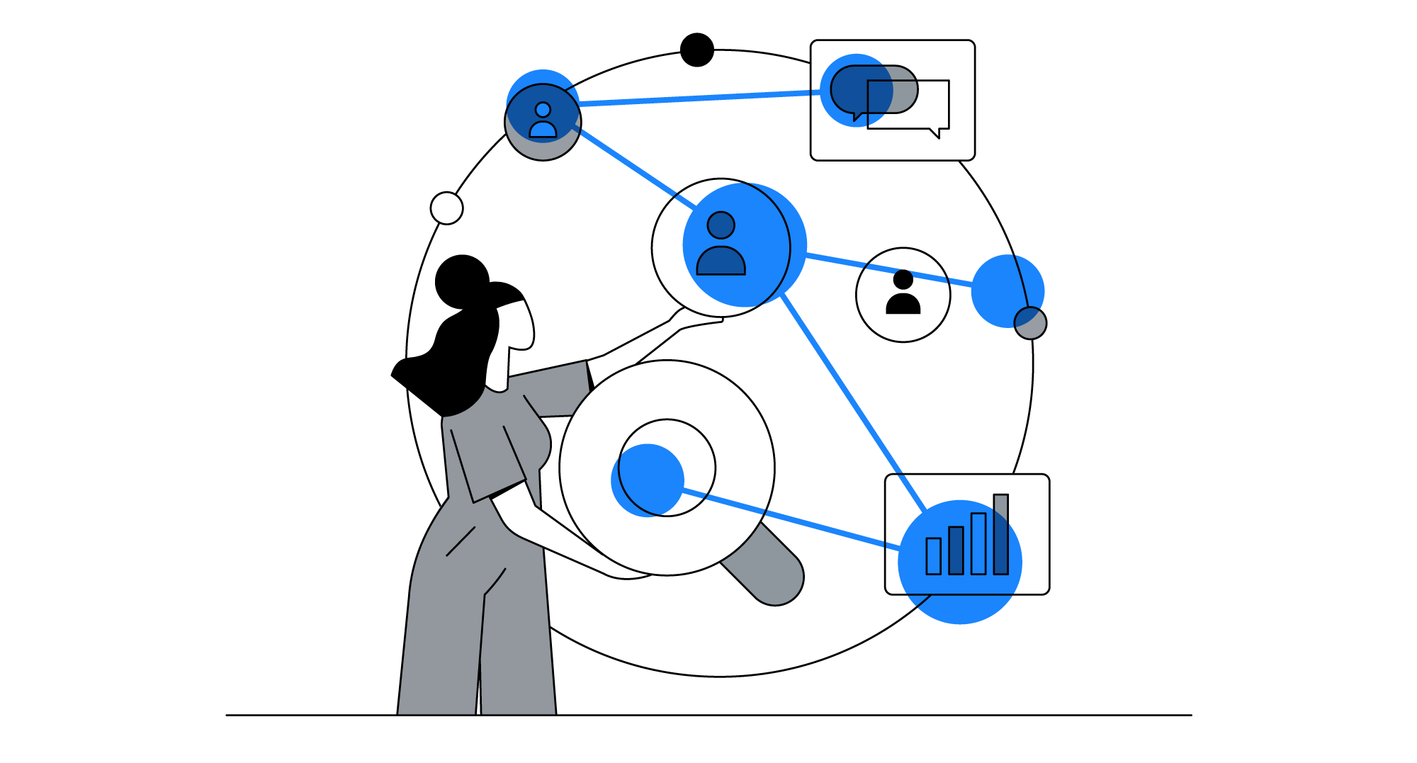 Uma mulher de cabelos ondulados, pele branca e macacão longo está apontando para dois dos seis ícones interligados em círculo. Os dois ícones são uma lupa e uma pessoa. Os outros são um gráfico de barras, balões de mensagem e outras pessoas.