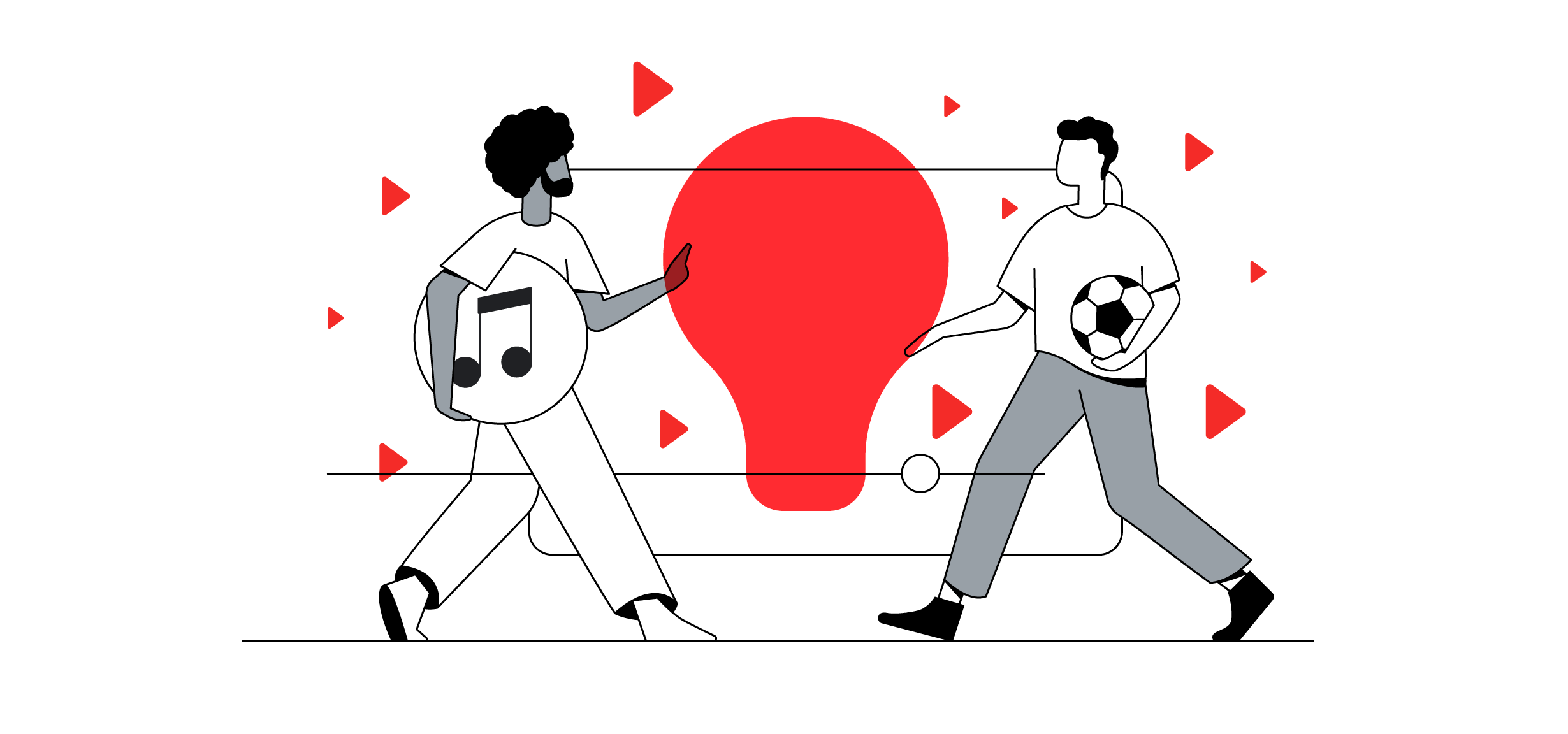 Na imagem, há dois homens caminhando. O da esquerda é negro com o cabelo preto, barba e segura o ícone de uma nota musical. O outro, do lado direito, segura uma bola de futebol. Ambos estão segurando uma lâmpada no meio da imagem