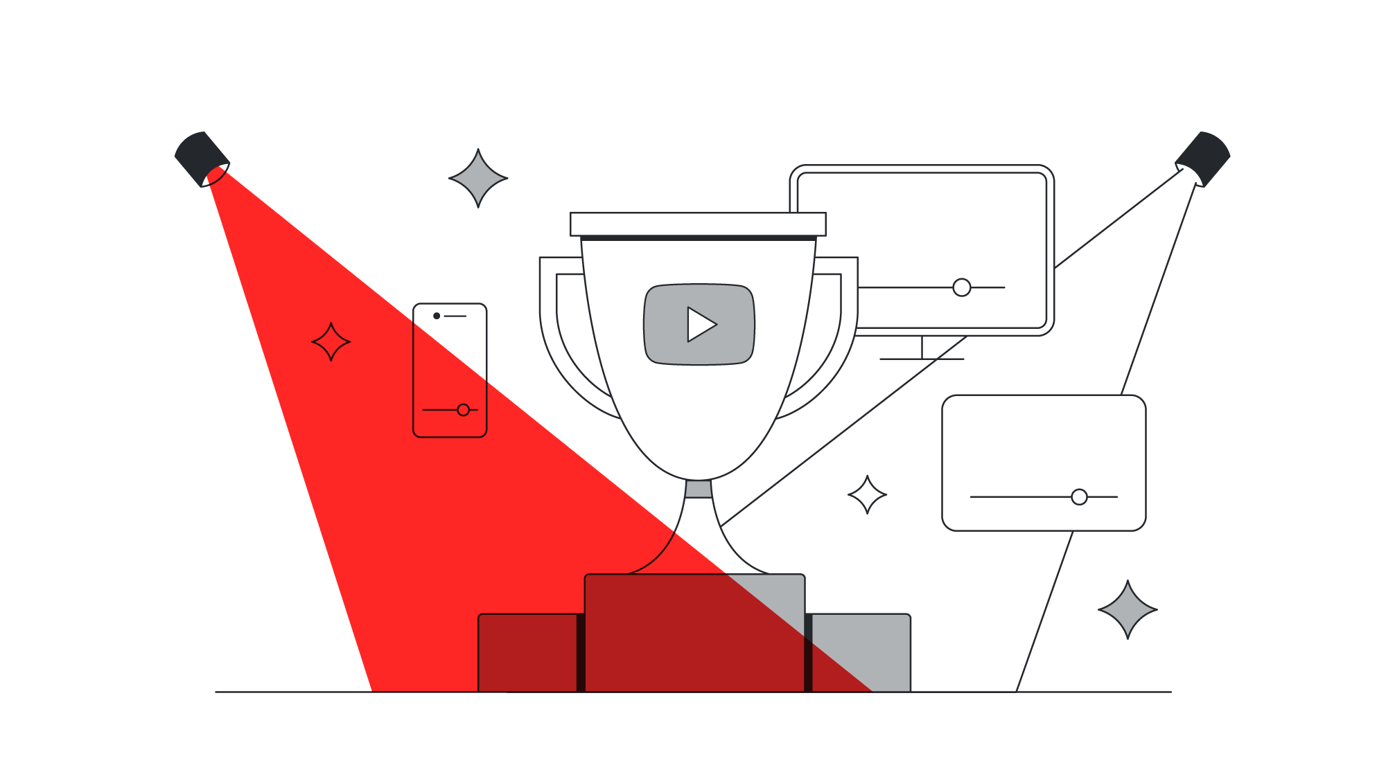 No centro da imagem, um troféu no alto do pódio traz o símbolo do YouTube. Ele é iluminado por dois refletores, um com luz branca e outro com luz vermelha. Ao redor, diferentes players: celular, tv e computador.