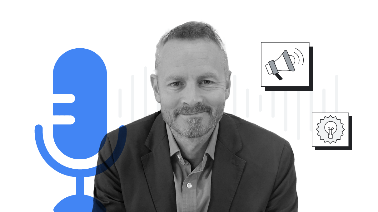 Neil Perkin pictured from the chest up, in black and white. To the left, a blue life-sized microphone overlay. To the right, two square frames, one with a megaphone icon inside and the other with a lightbulb icon.