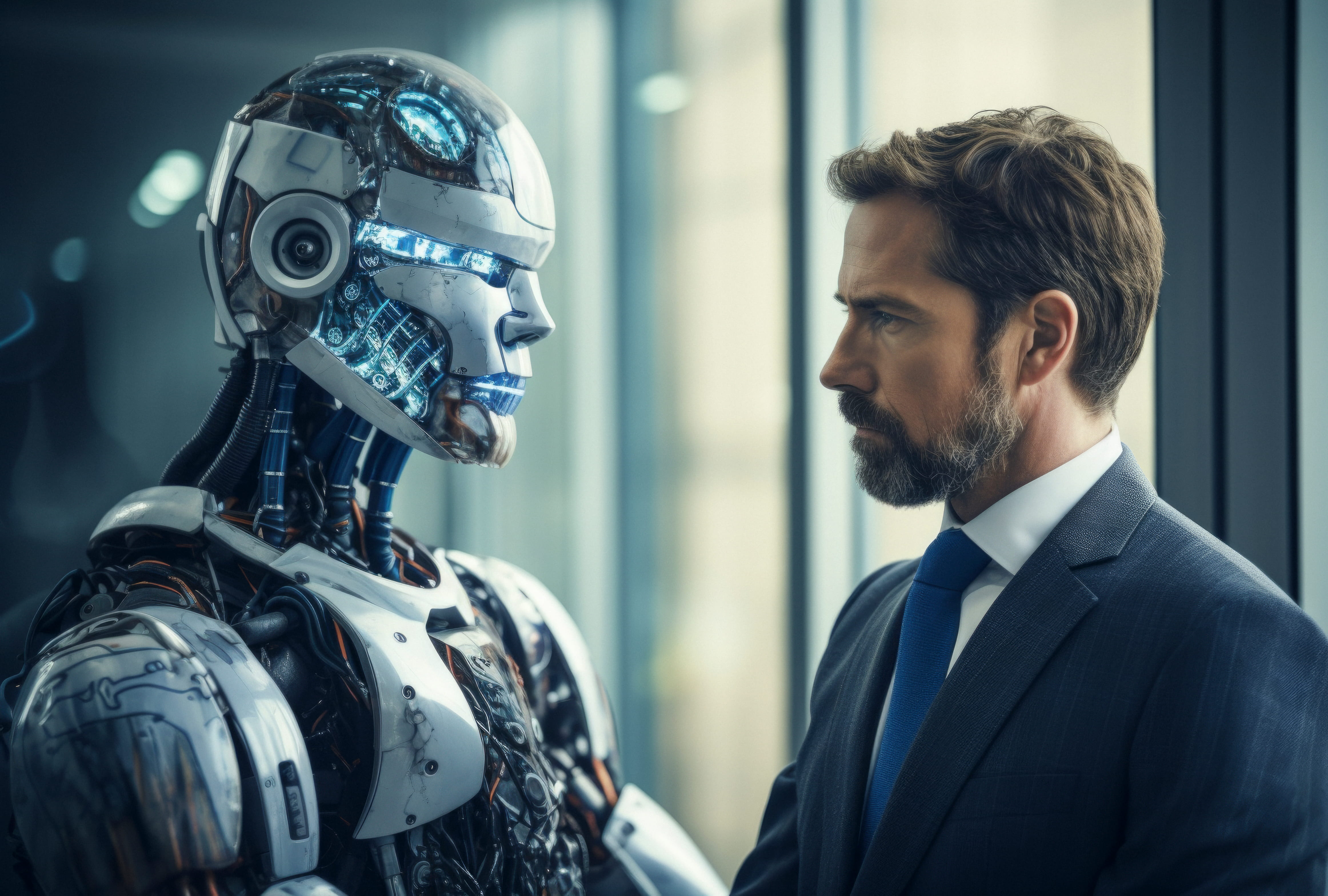 przyszlosc-biura-automatyzacja-ai Robot i biznesmen patrzący na siebie