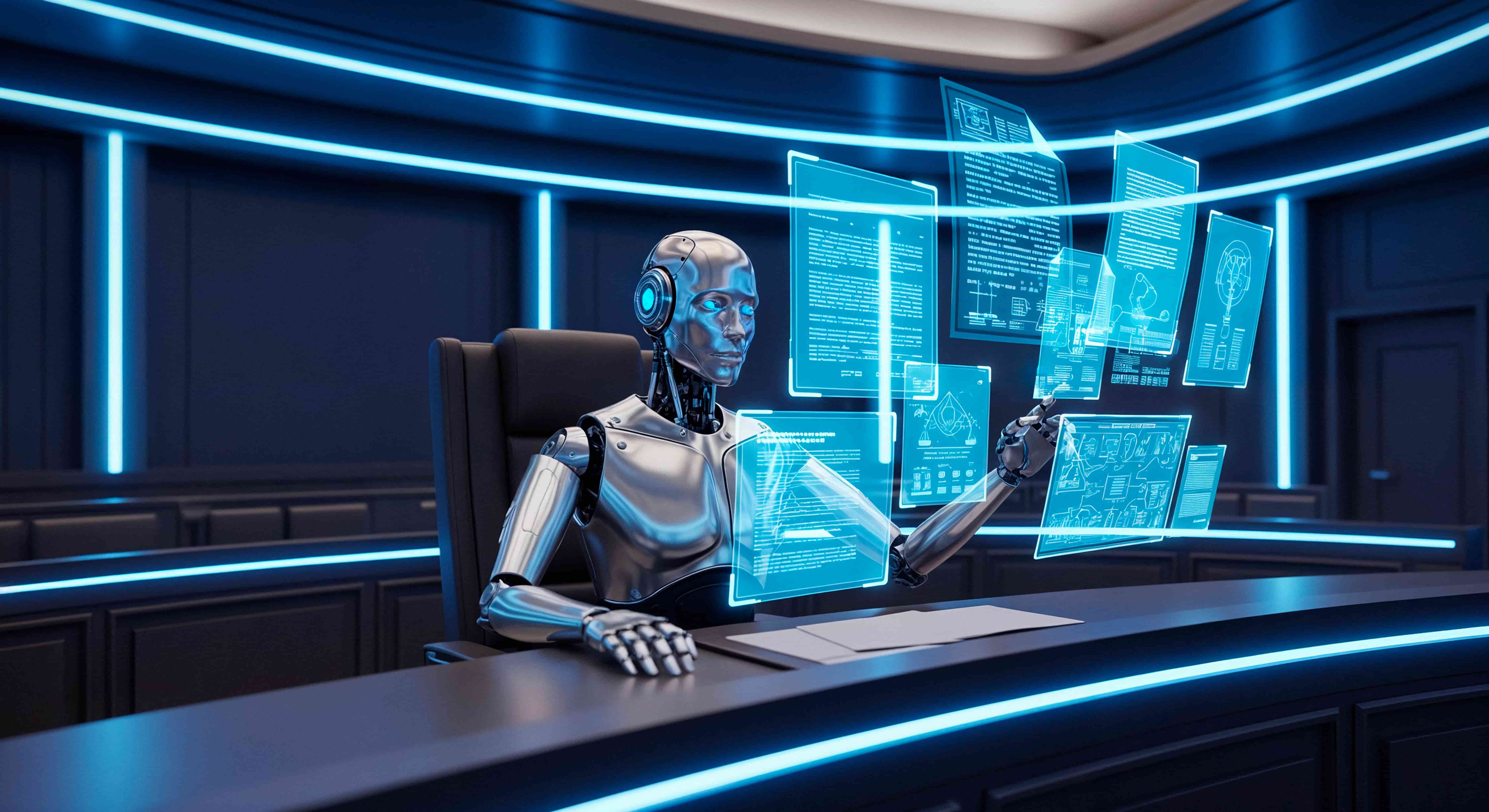 automatyzacja-biuro-rachunkowe-robot Srebrny robot pracujący przy wirtualnych interfejsach cyfrowych w nowoczesnym biurze, symbolizujący automatyzację