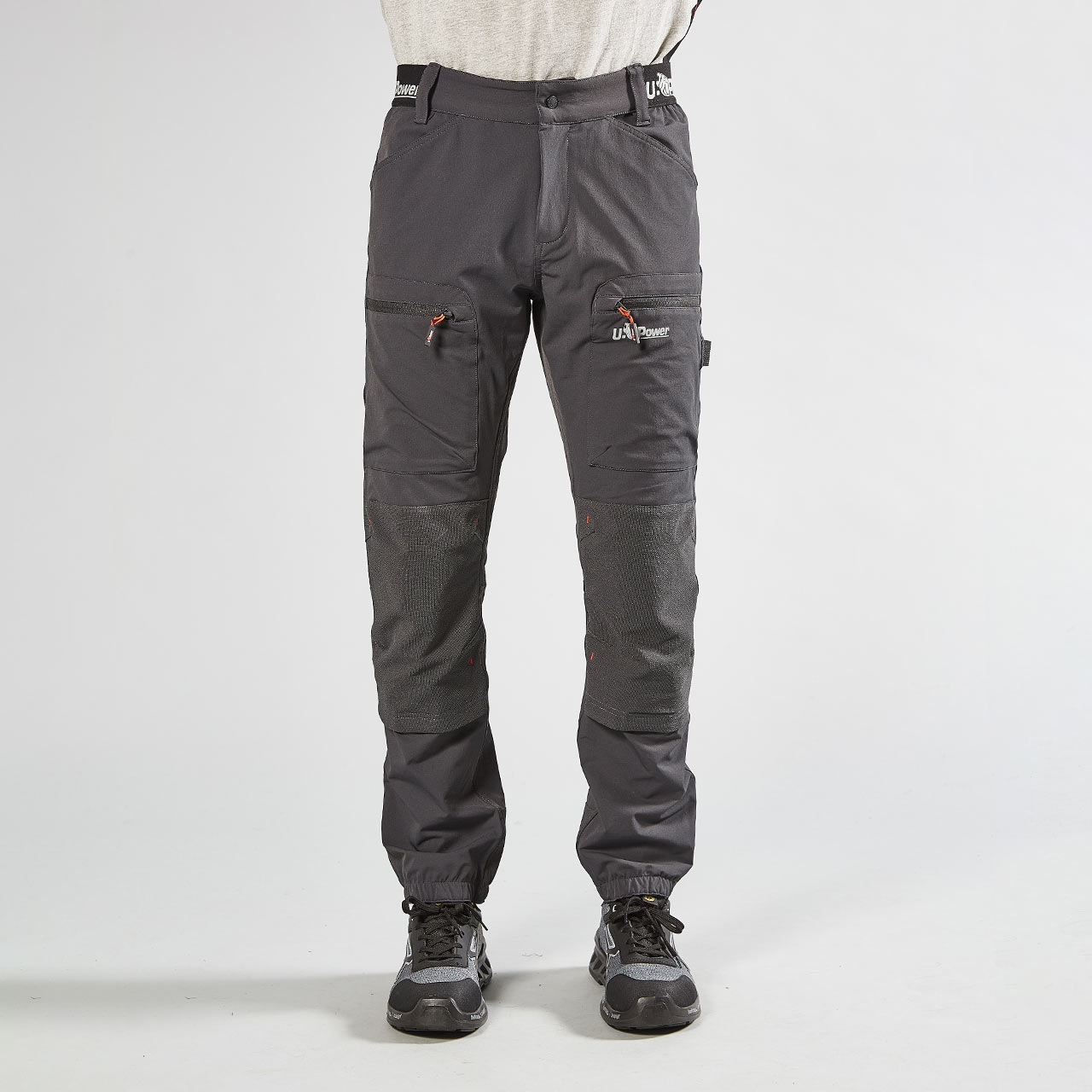 pantalone da lavoro upower modello harmony colore asphalt grey indossato fronte