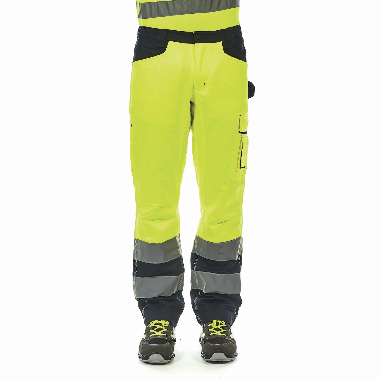 pantalone da lavoro upower modello radiant colore yellow fluo indossato fronte