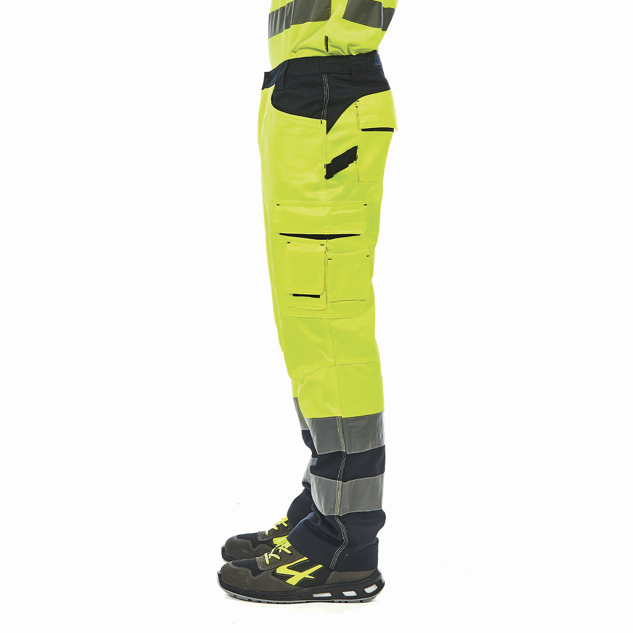 pantalone da lavoro upower modello radiant colore yellow fluo indossato lato sinistro