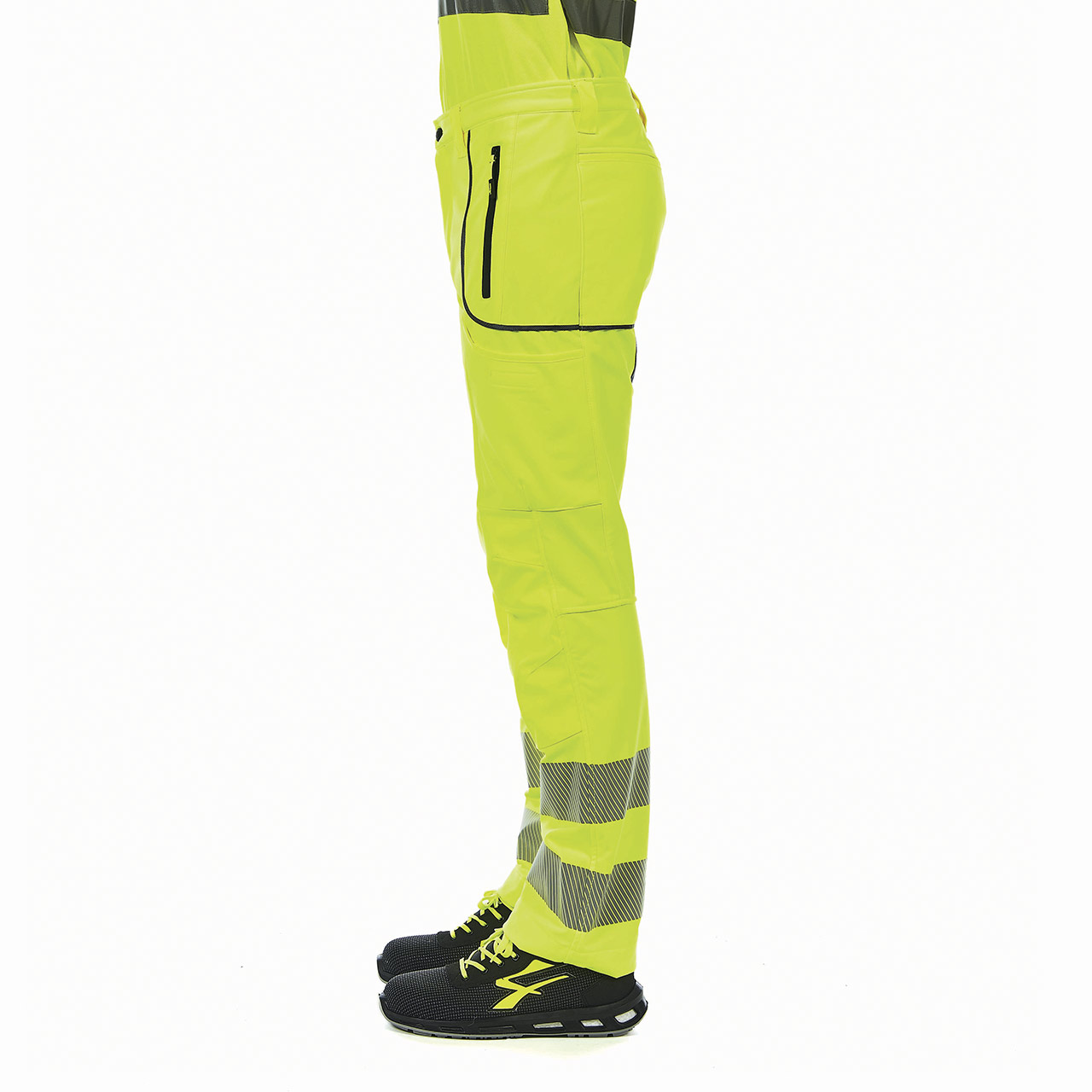 pantalone da lavoro upower modello ren colore yellow fluo indossato lato sinistro