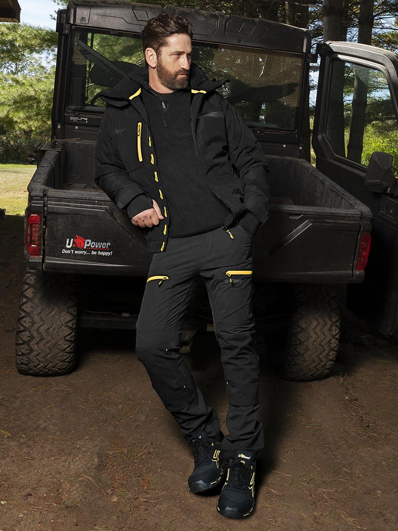 Gerard Butler wearing total look U-Power Spock jacket and Horizon trousers