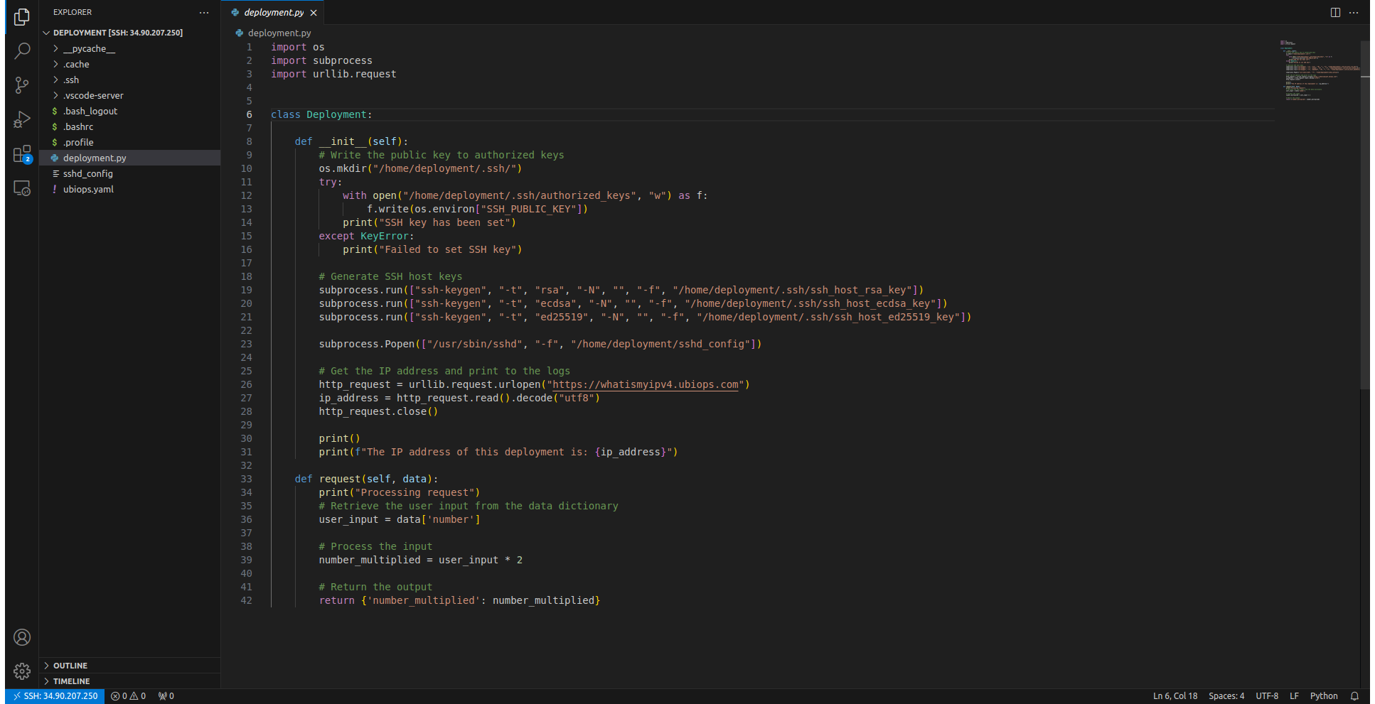 Visual Studio Code connected to a UbiOps deployment