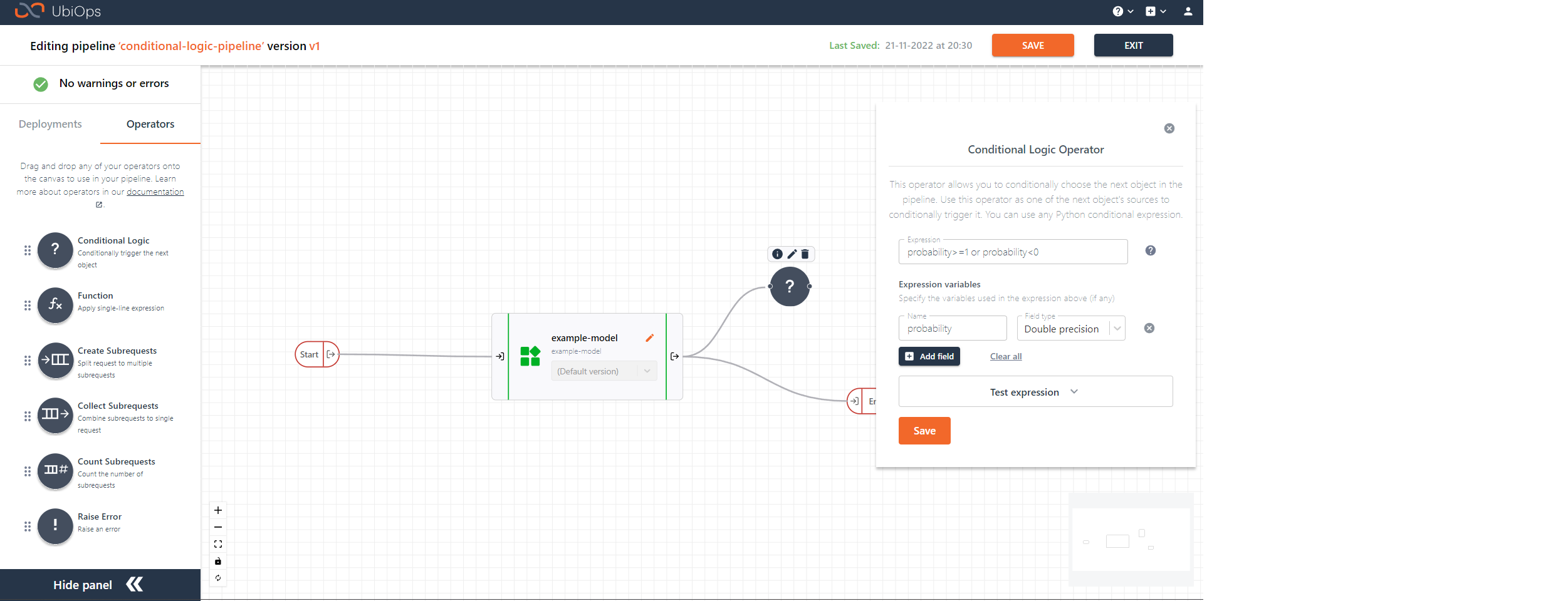 Example pipeline with the conditional logic operator