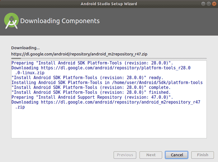 The wizard will download the Android SDK platform tools and the rest of the components that need to develop android apps on your Ubuntu 18.04 Desktop.