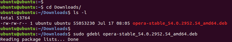 Install the Opera Ubuntu deb package with gdebi command