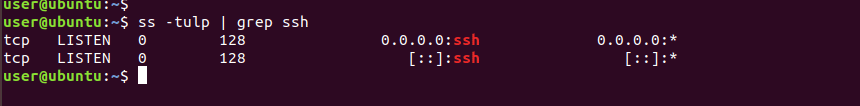 run the ss command to make sure that the Ubuntu system listen on TCP port 22