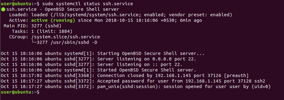 check the status of the ssh service with the systemctl command