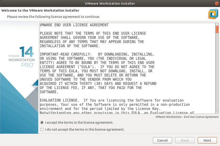 vmware workstation ubuntu: accept the license agreement and continue with the default options